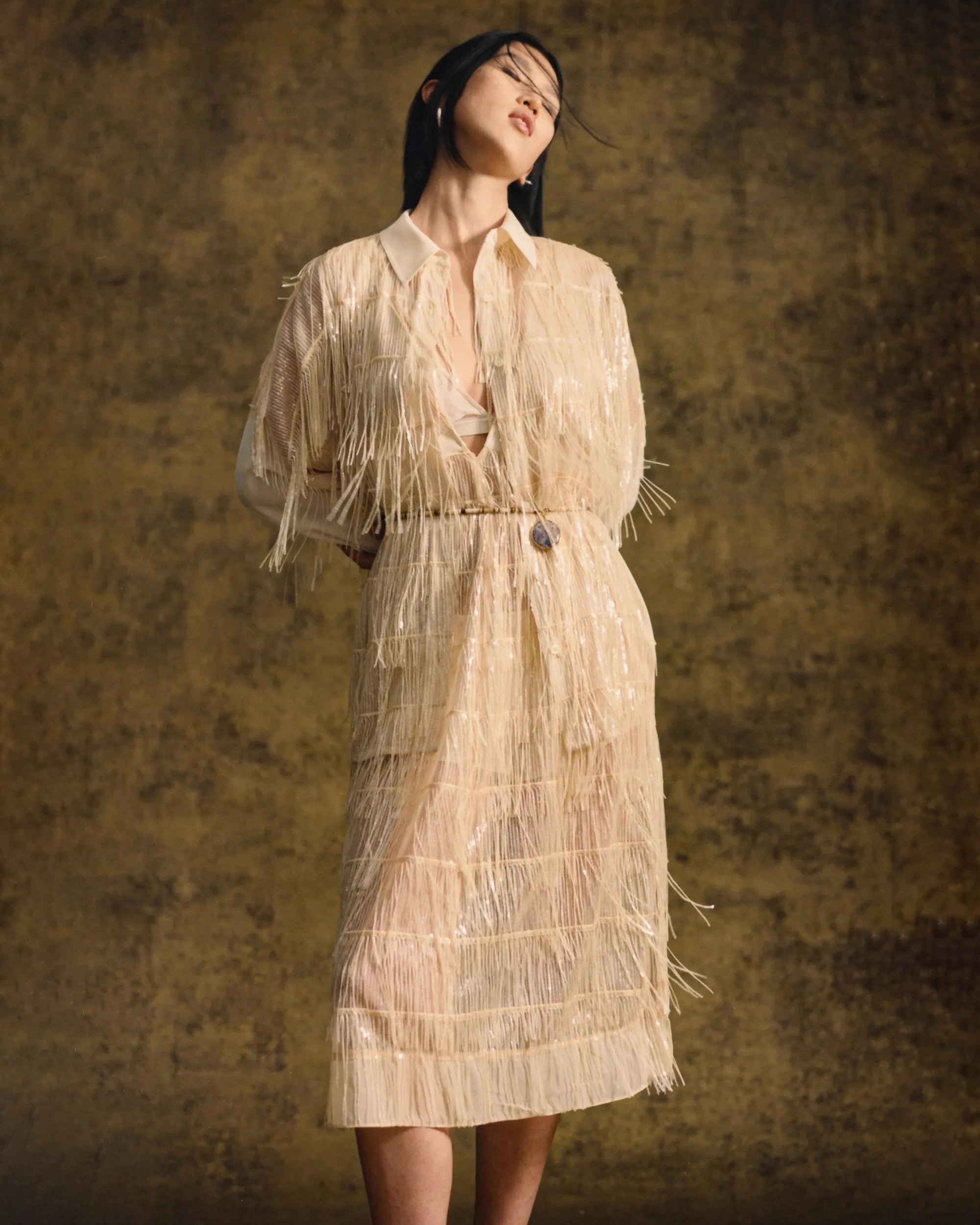 Fringed Sequin-Embellished Crepe Blouse