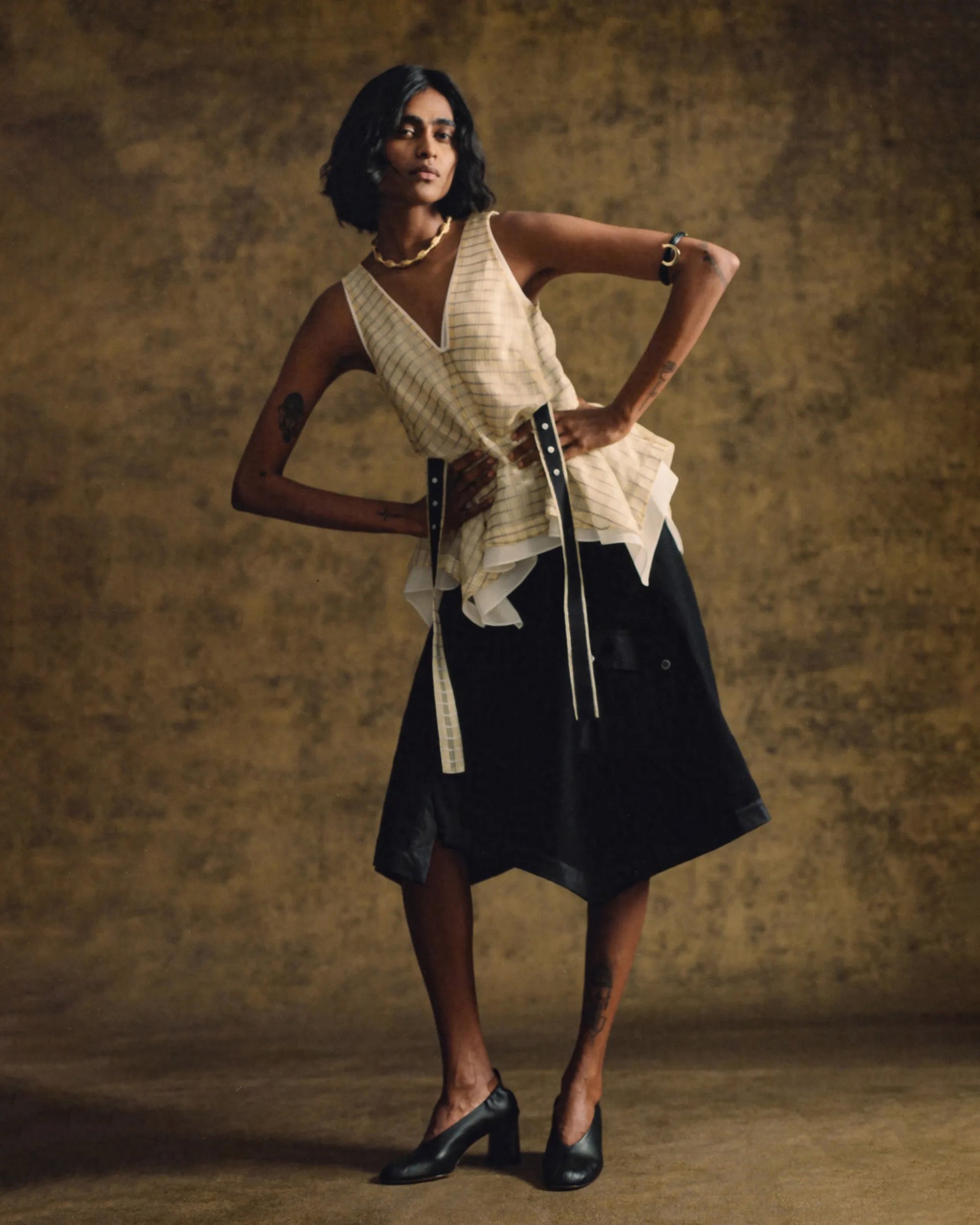 Plaid-Print Silk Organza Peplum Top