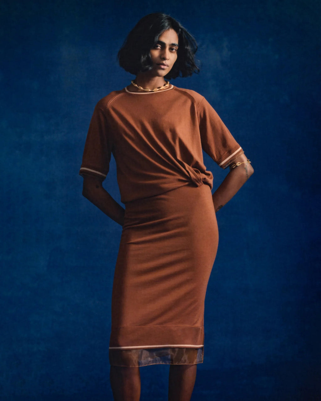 Organza Trimmed Gathered Wool Sweater Dress
