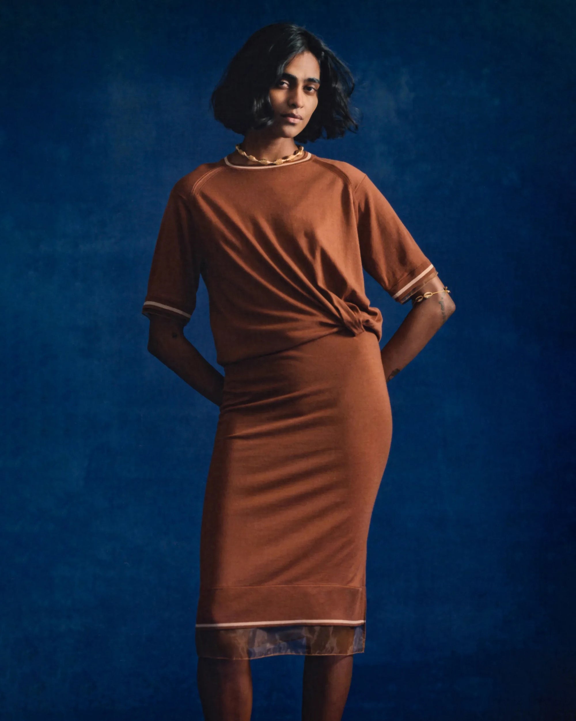 Organza Trimmed Gathered Wool Sweater Dress