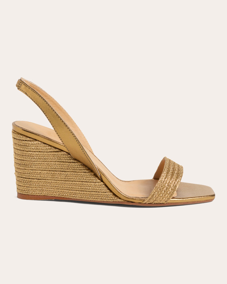 Barby Metallic Leather-Trimmed Raffia Wedge Sandal