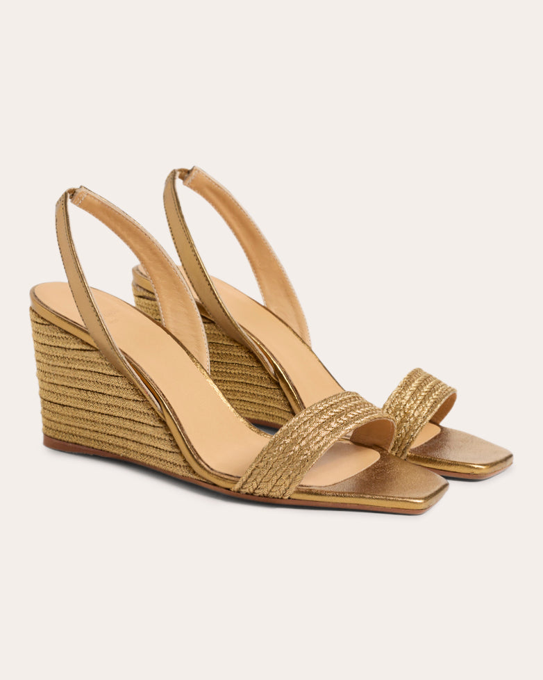 Barby Metallic Leather-Trimmed Raffia Wedge Sandal