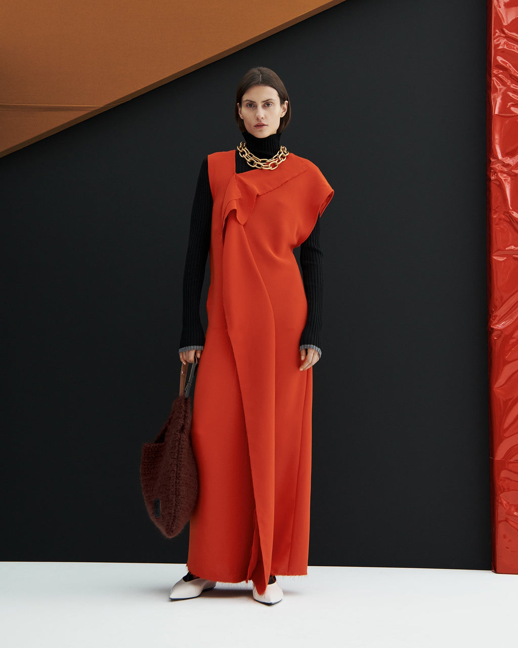 Draped Fringe-Trimmed Cady Maxi Dress