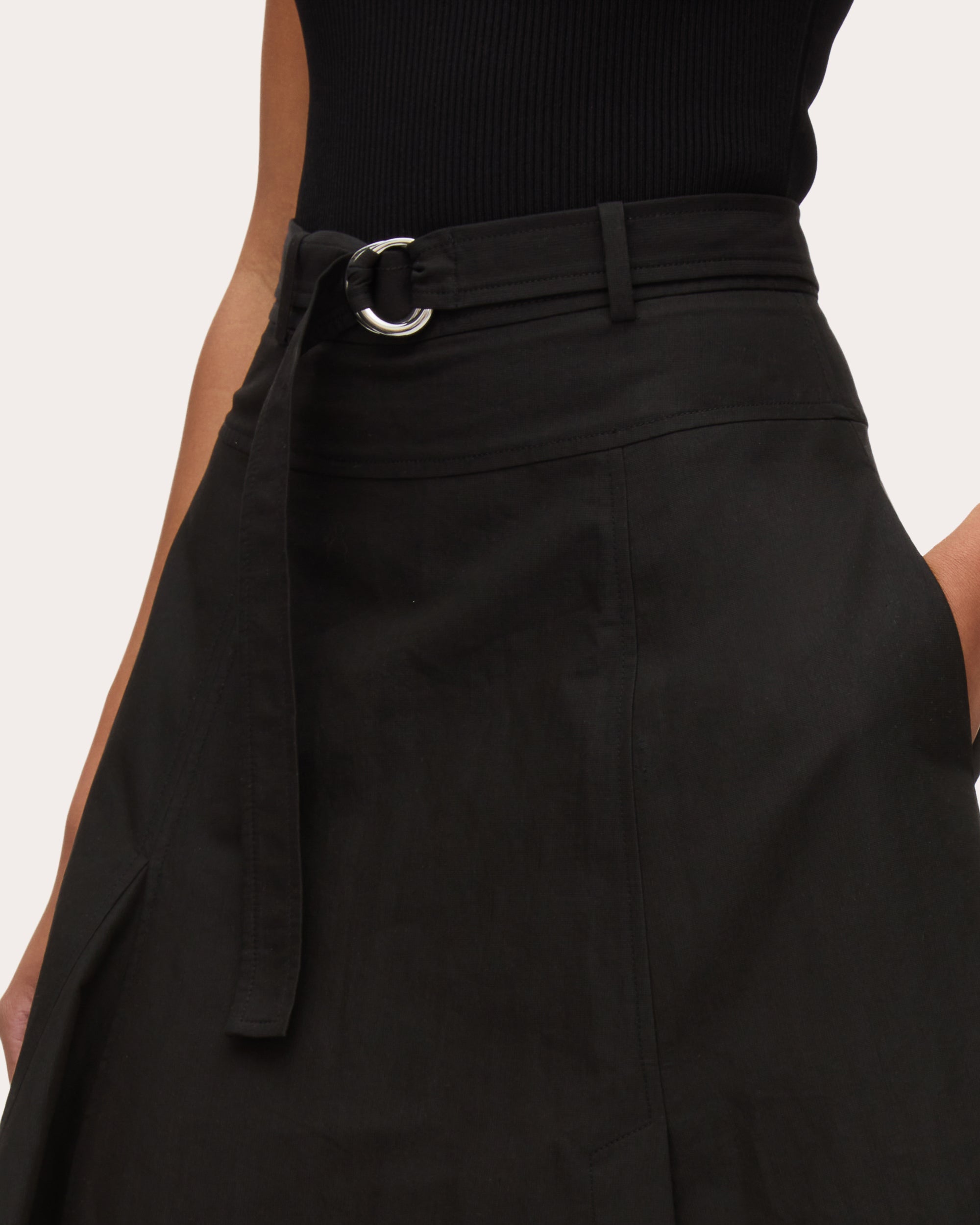 Belted Asymmetric Paneled Cotton Midi Skirt