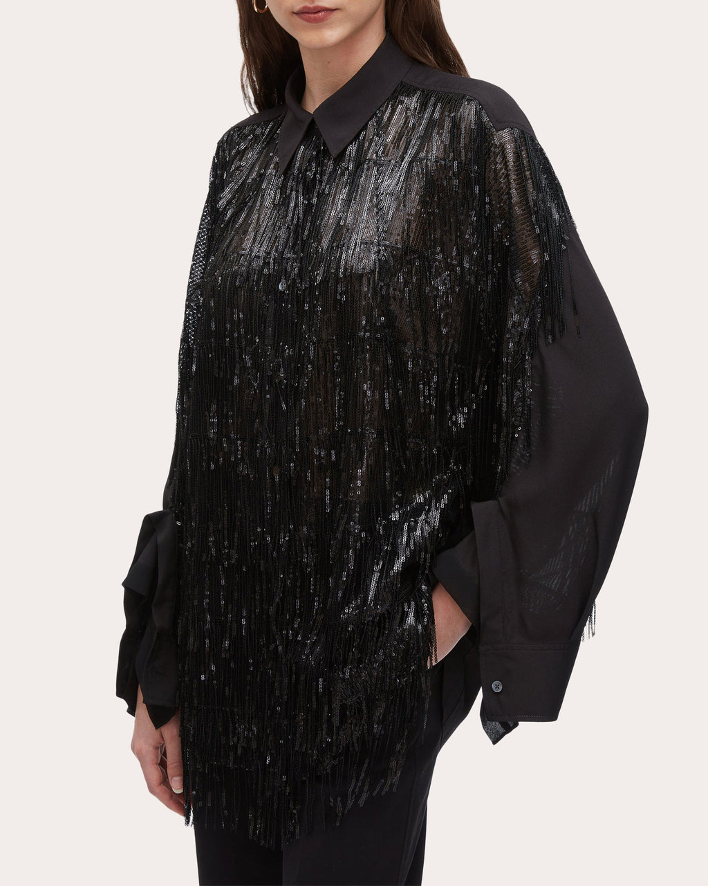 Fringed Sequin-Embellished Crepe Blouse
