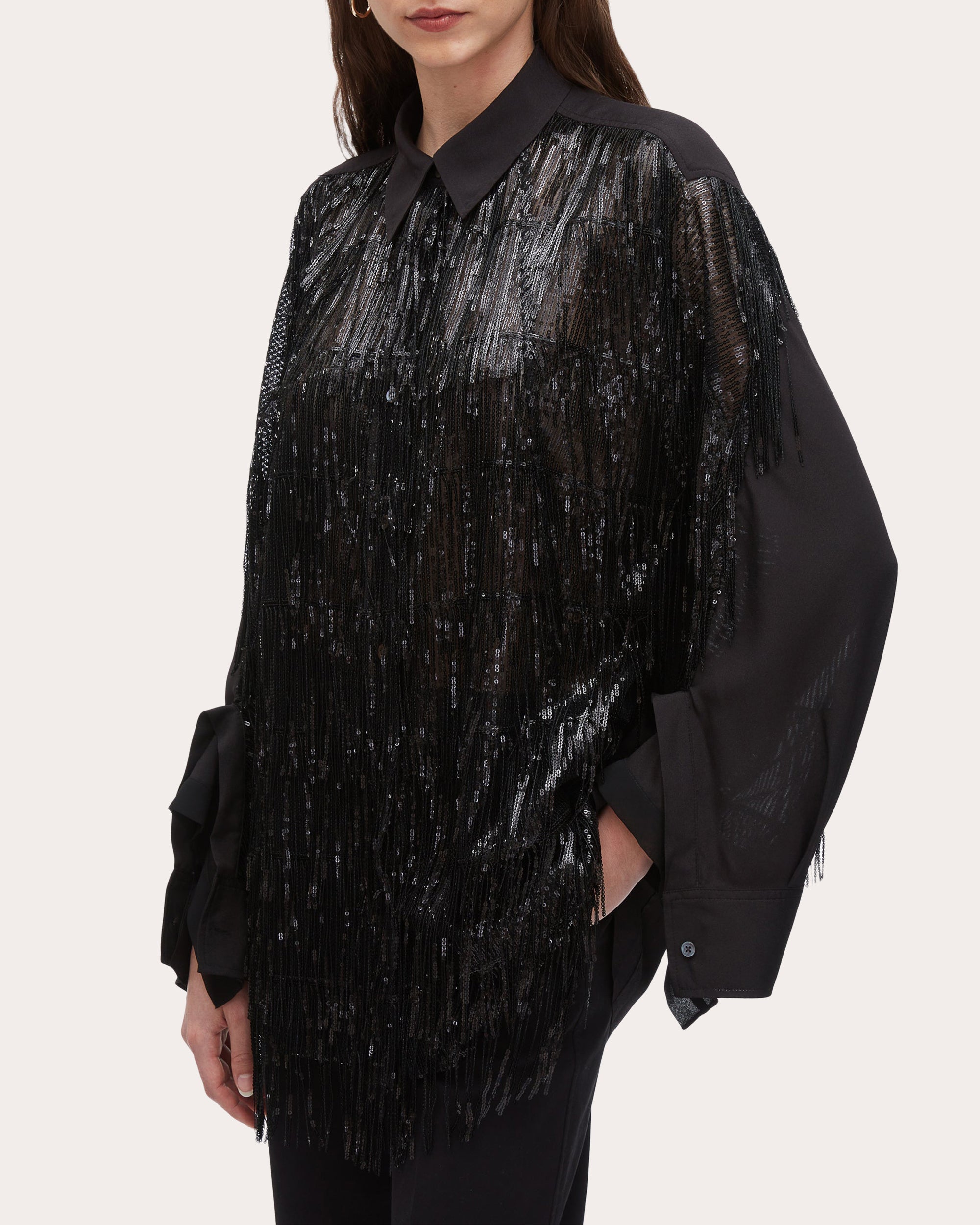 Fringed Sequin-Embellished Crepe Blouse