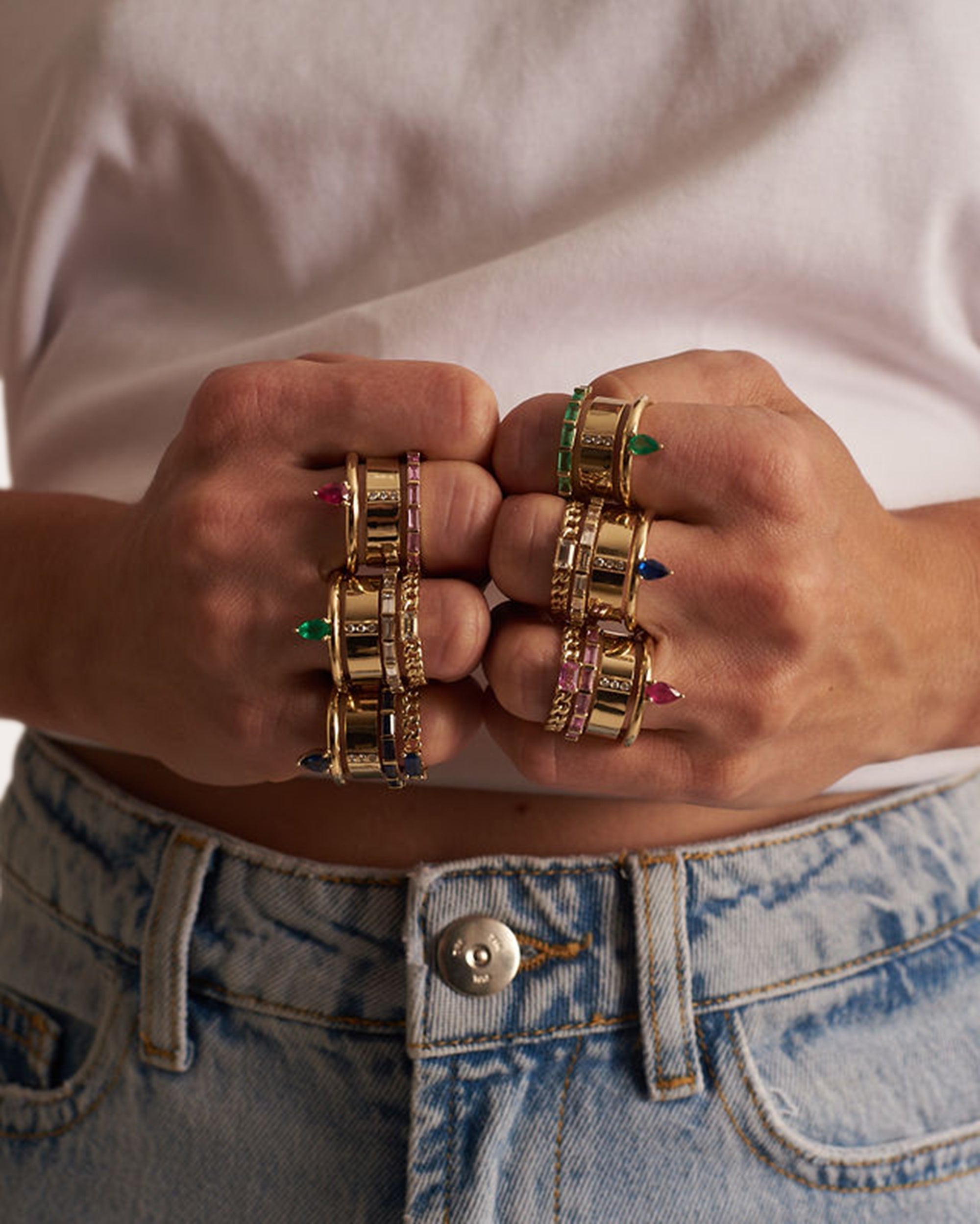 Mini Type Stack 14K Gold Emerald and Diamond Ring