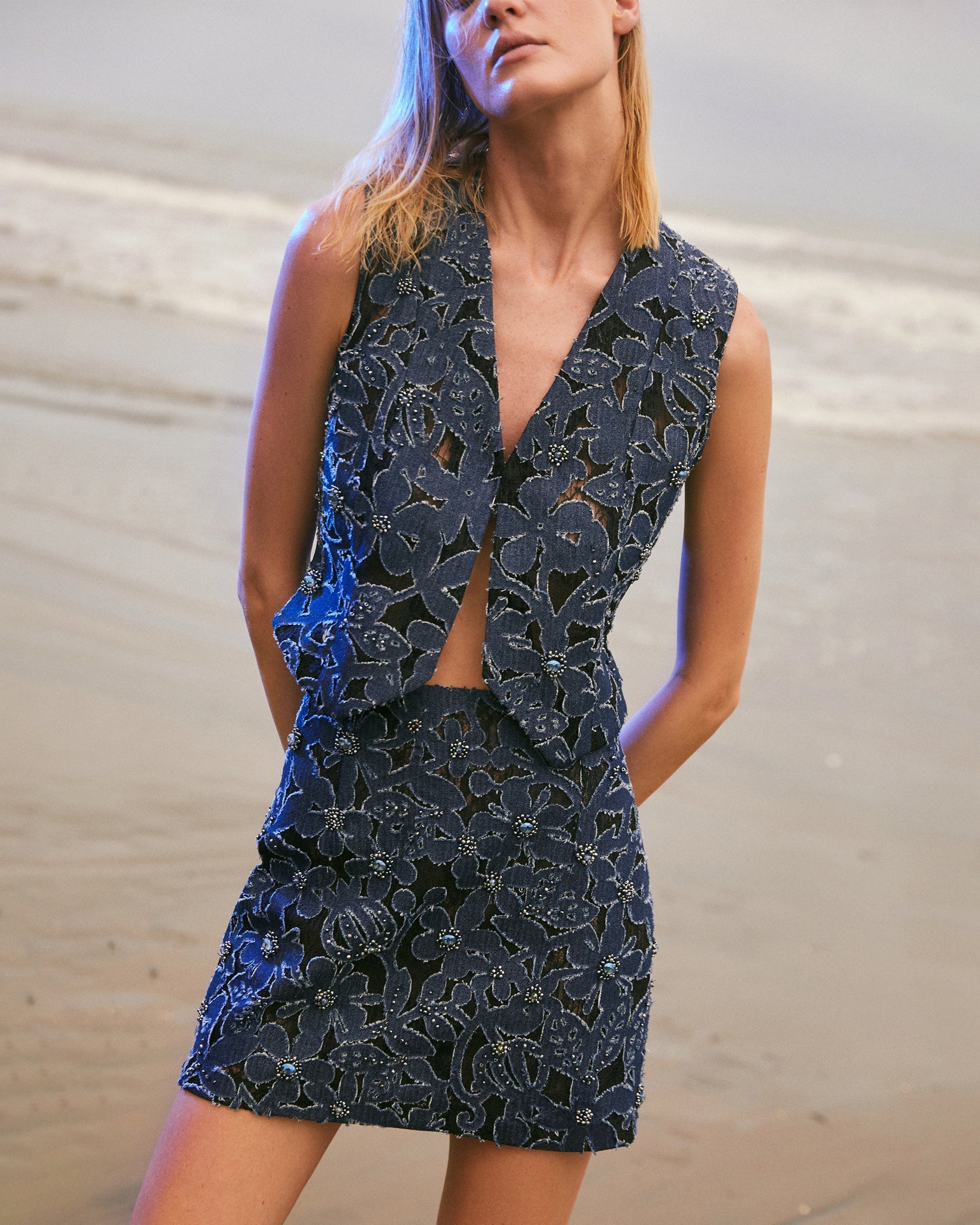 Luces Embroidered-Denim and Lace Vest