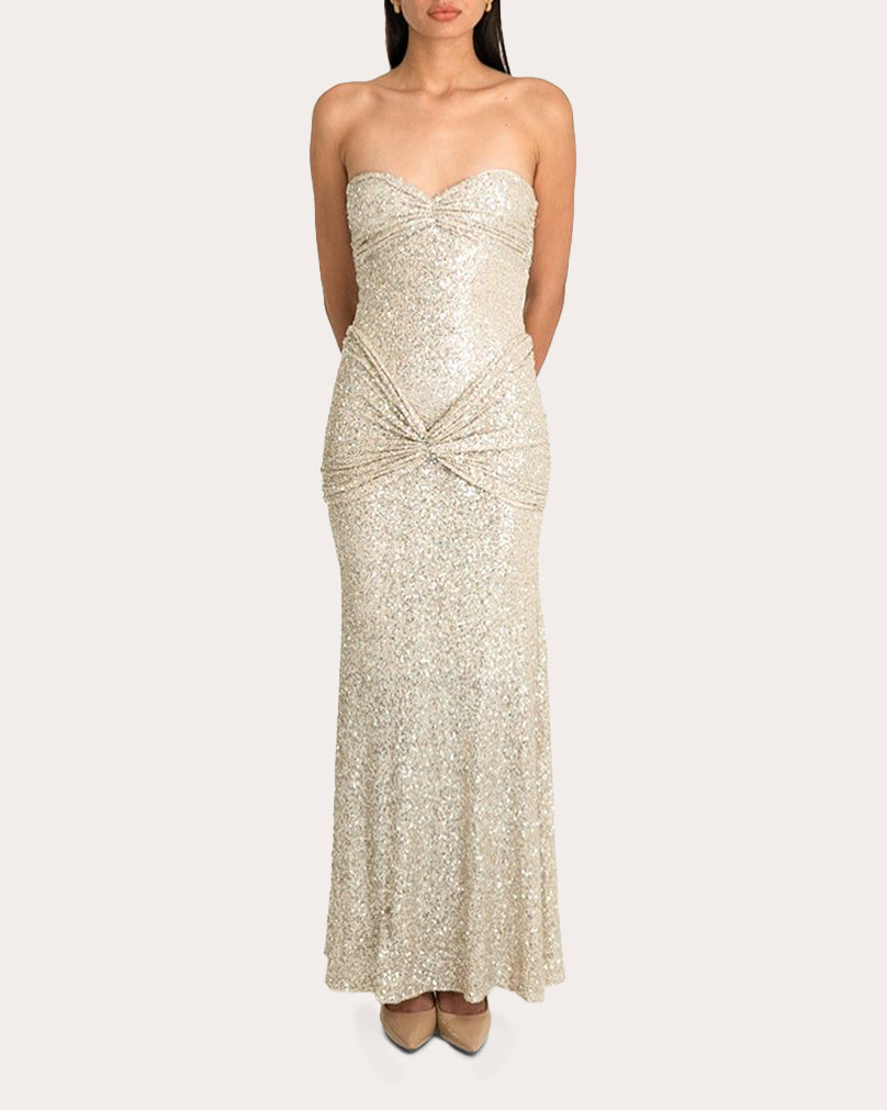 Abigail Twist-Front Sequined Jersey Strapless Gown