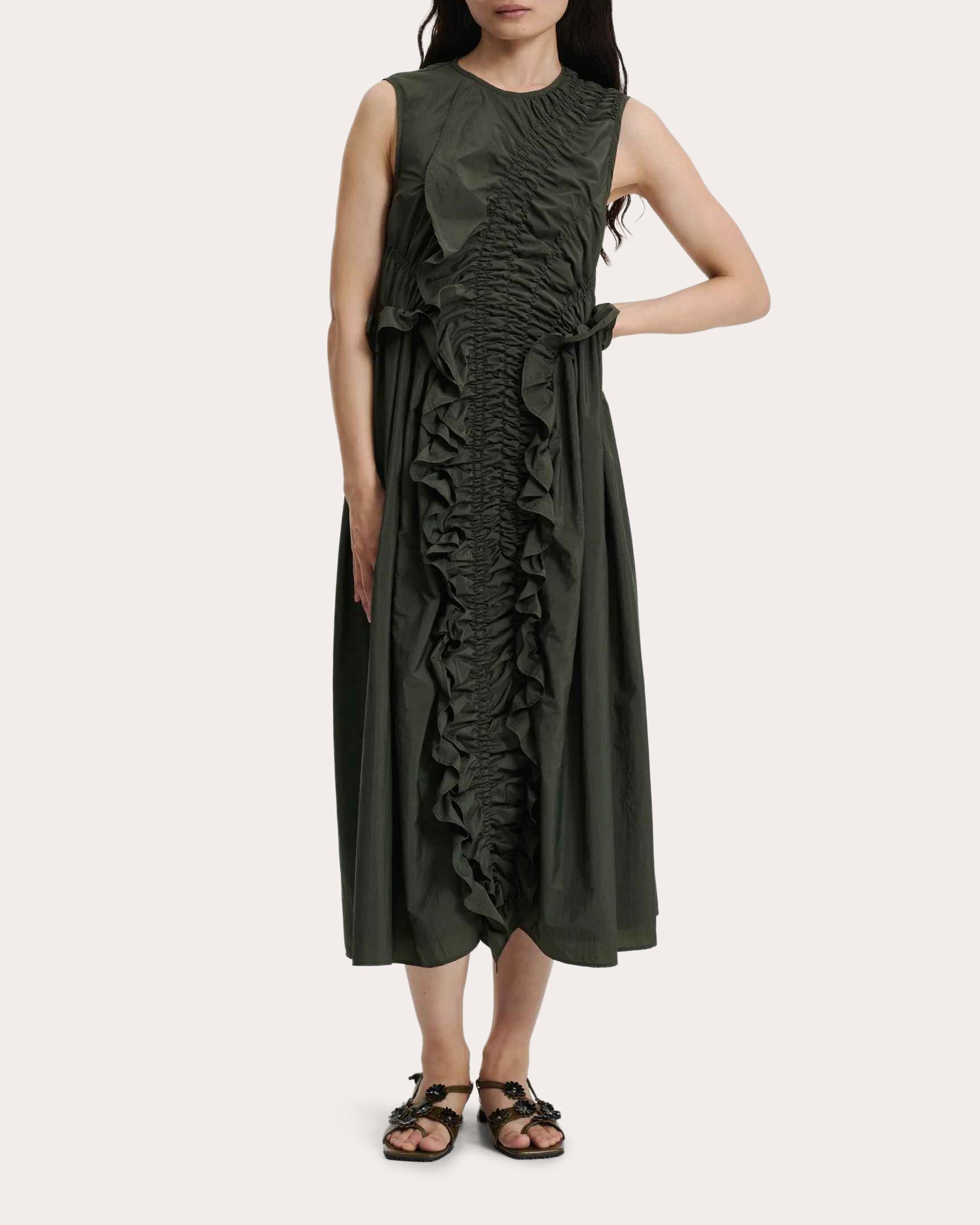 Ole Gathered Ruffle-Trimmed Taffeta Midi Dress