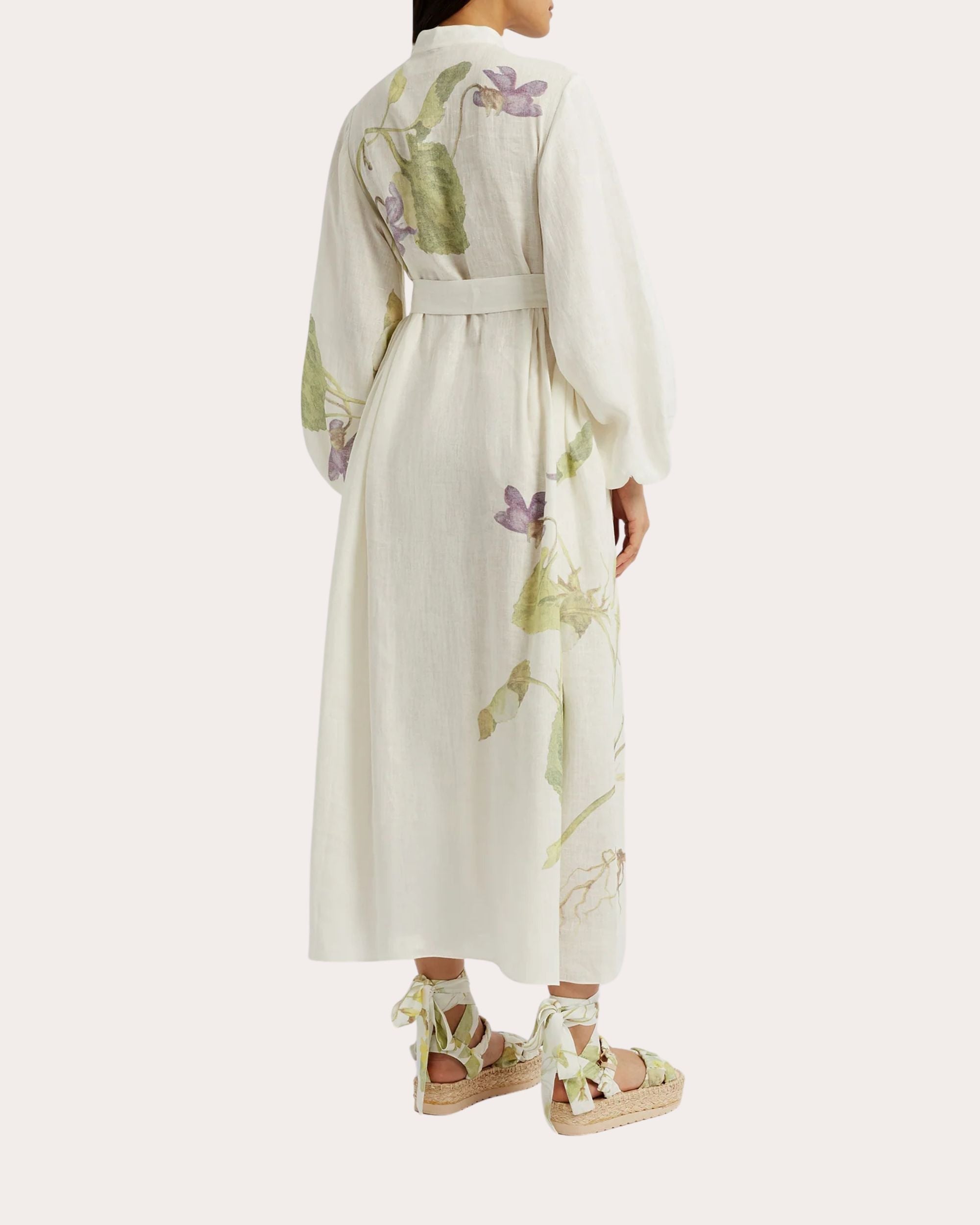 Floral Print Side Tie Linen Midi Dress