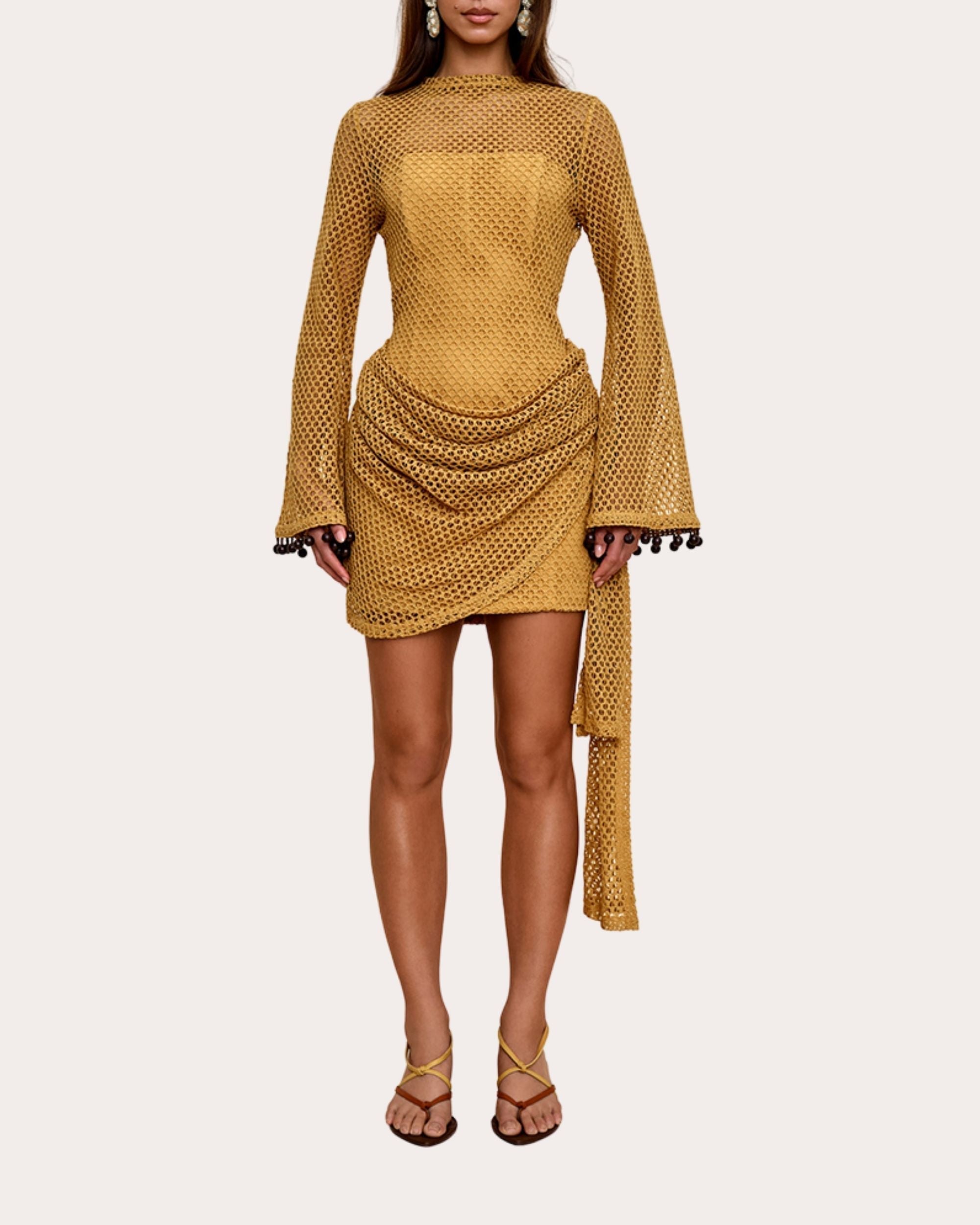 Egu Embellished Draped Crochet-Knit Mini Dress