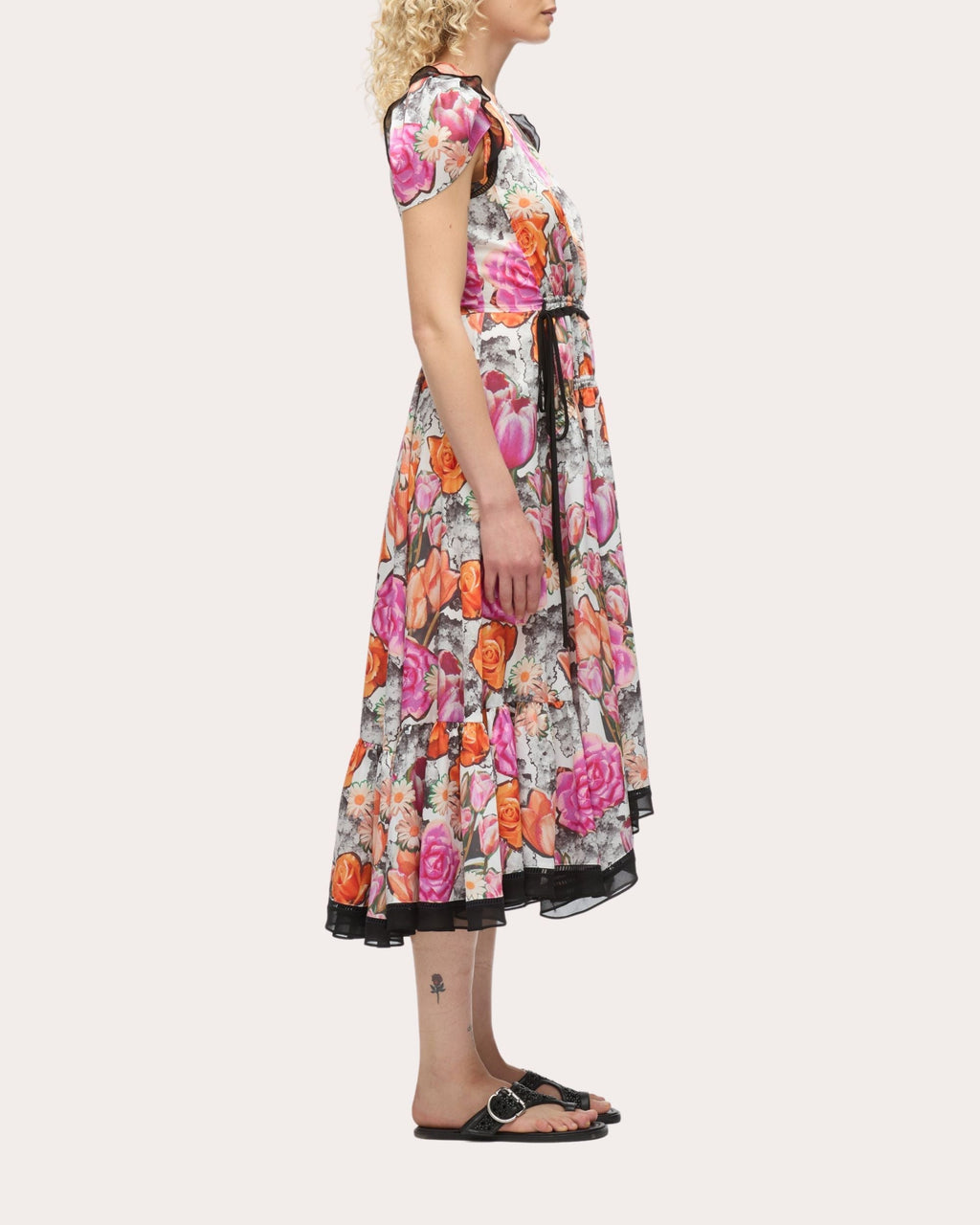 Gathered Floral-Print Satin Midi Dress