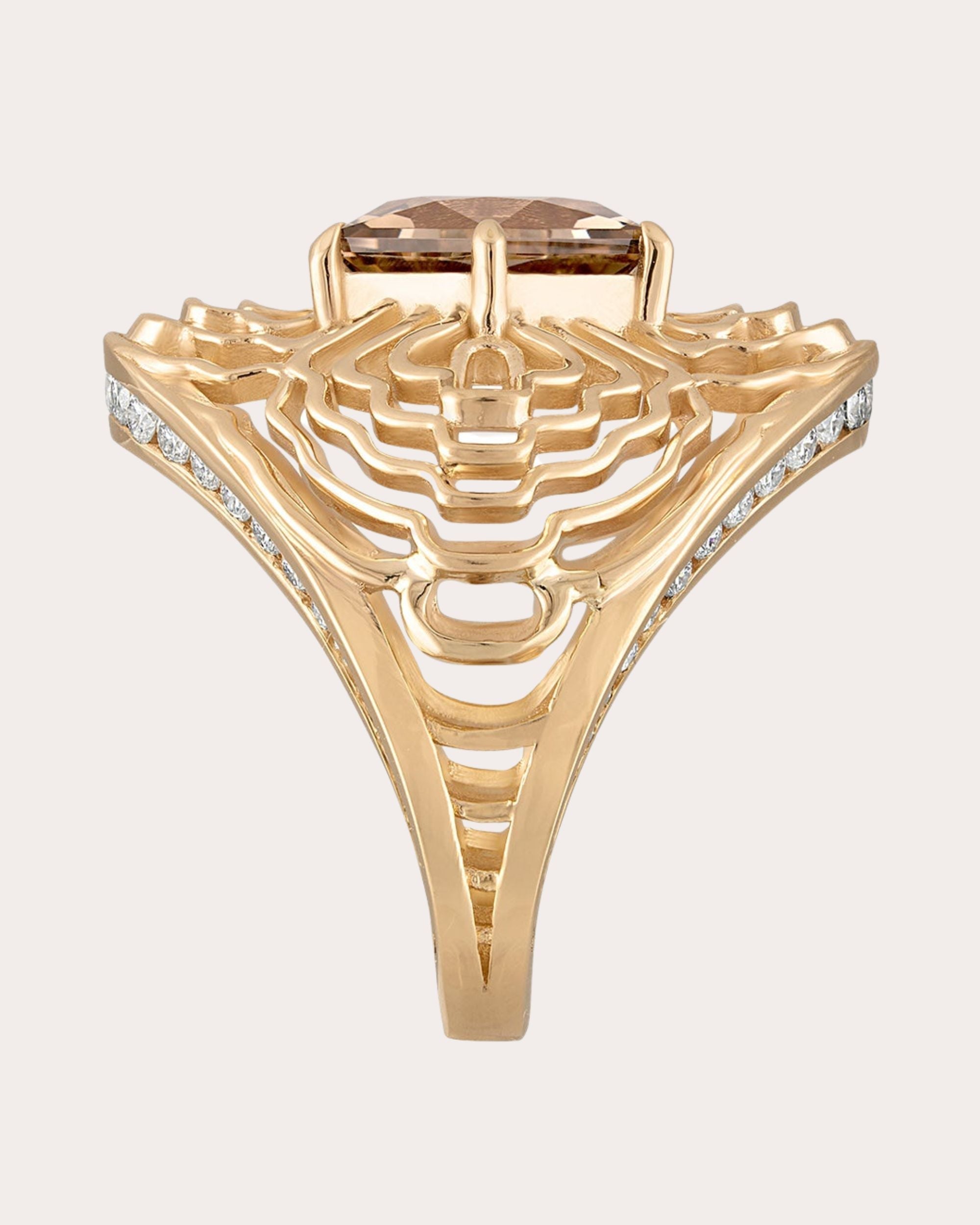 200Hz Frequency 14K Gold Smoky Quartz and Diamond Ring