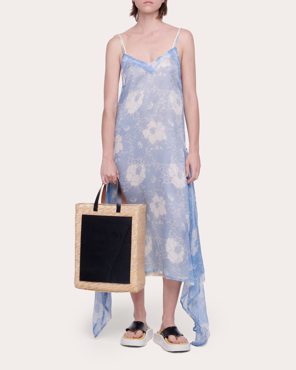 Big Straw Leather-Paneled Straw Tote