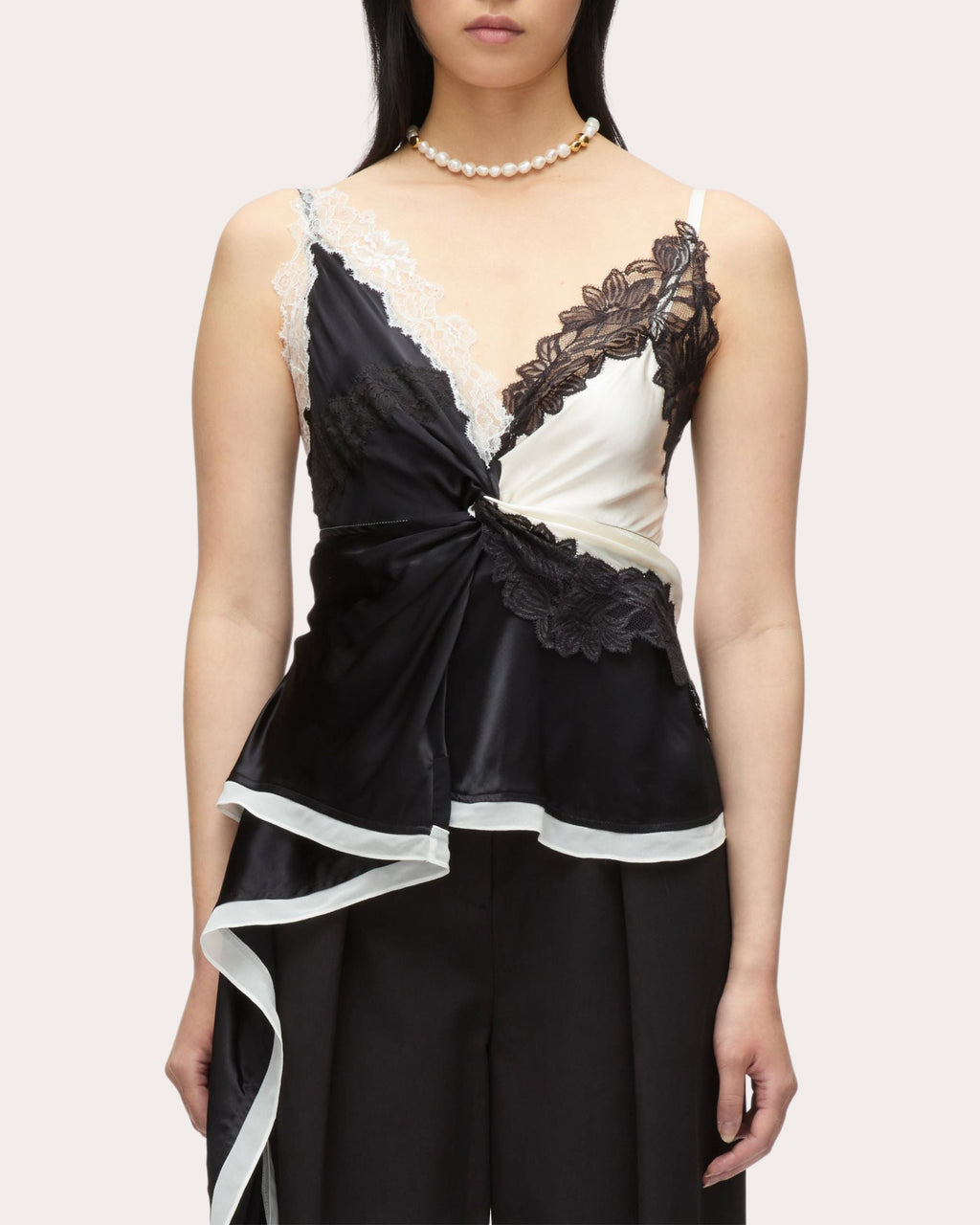 Asymmetric Lace Trimmed Twist-Front Satin Top