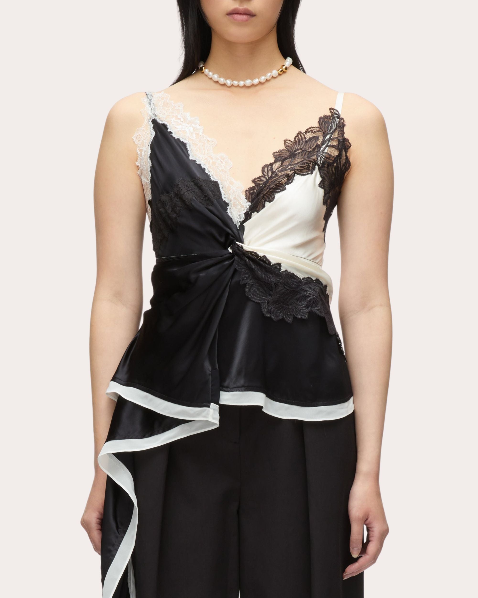Asymmetric Lace Trimmed Twist-Front Satin Top