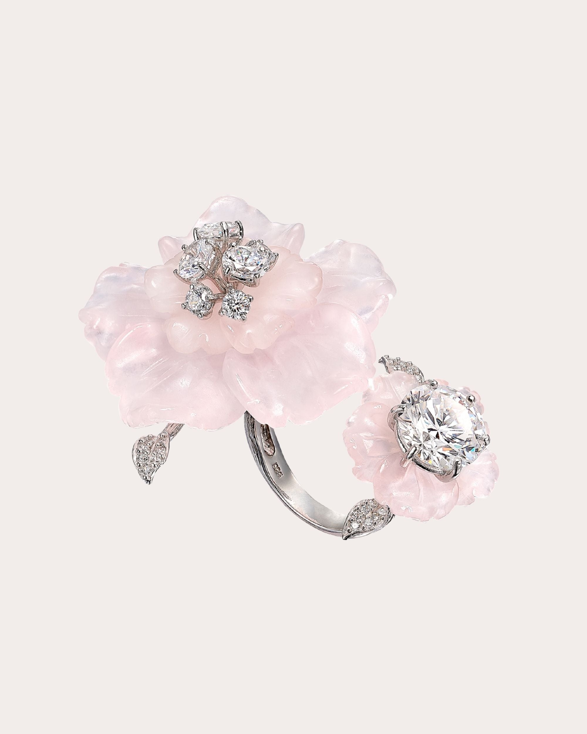Sakura 18K Gold and Rhodium Vermeil Carved Quartz and Lab-Grown Diamond Ring
