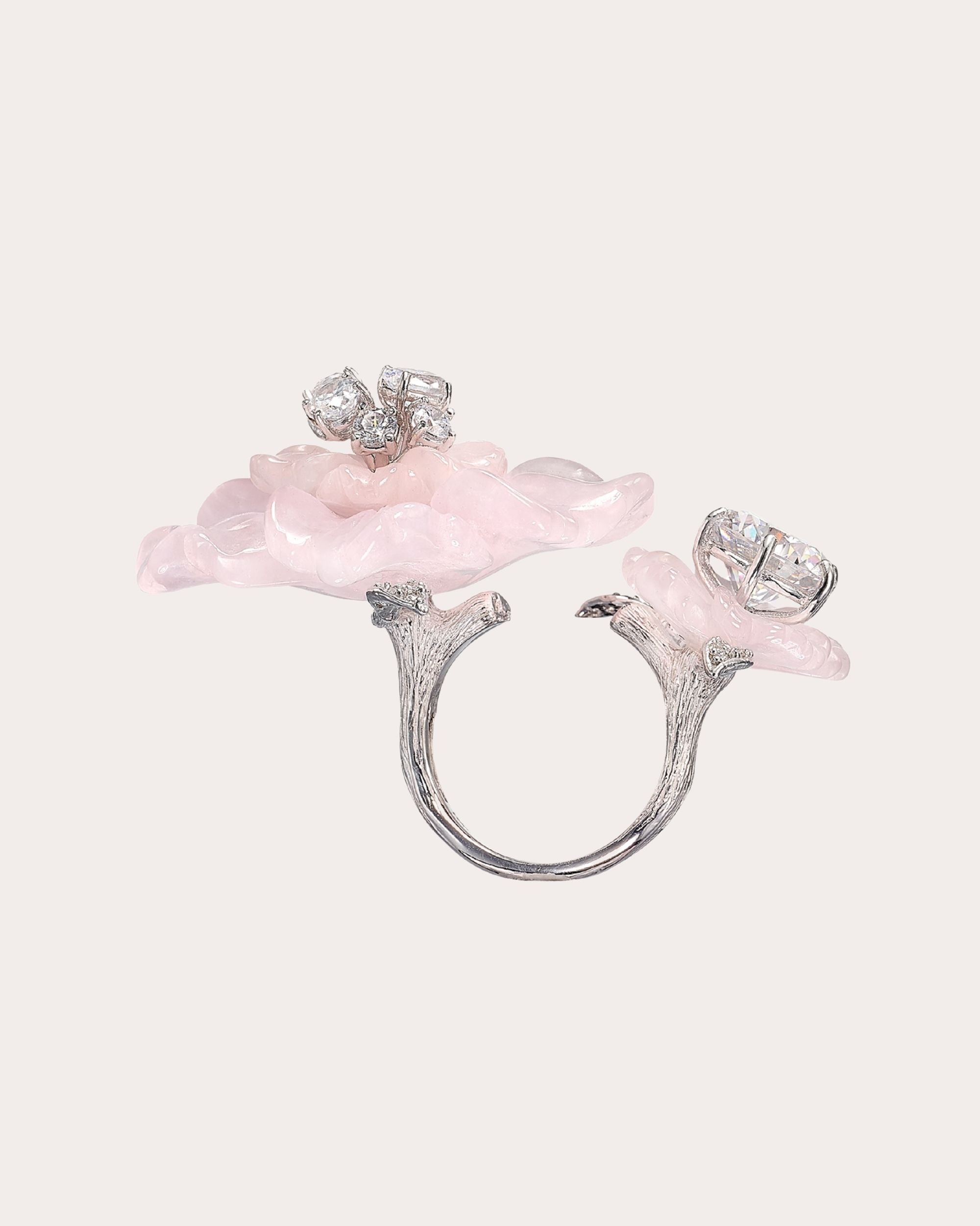 Sakura 18K Gold and Rhodium Vermeil Carved Quartz and Lab-Grown Diamond Ring