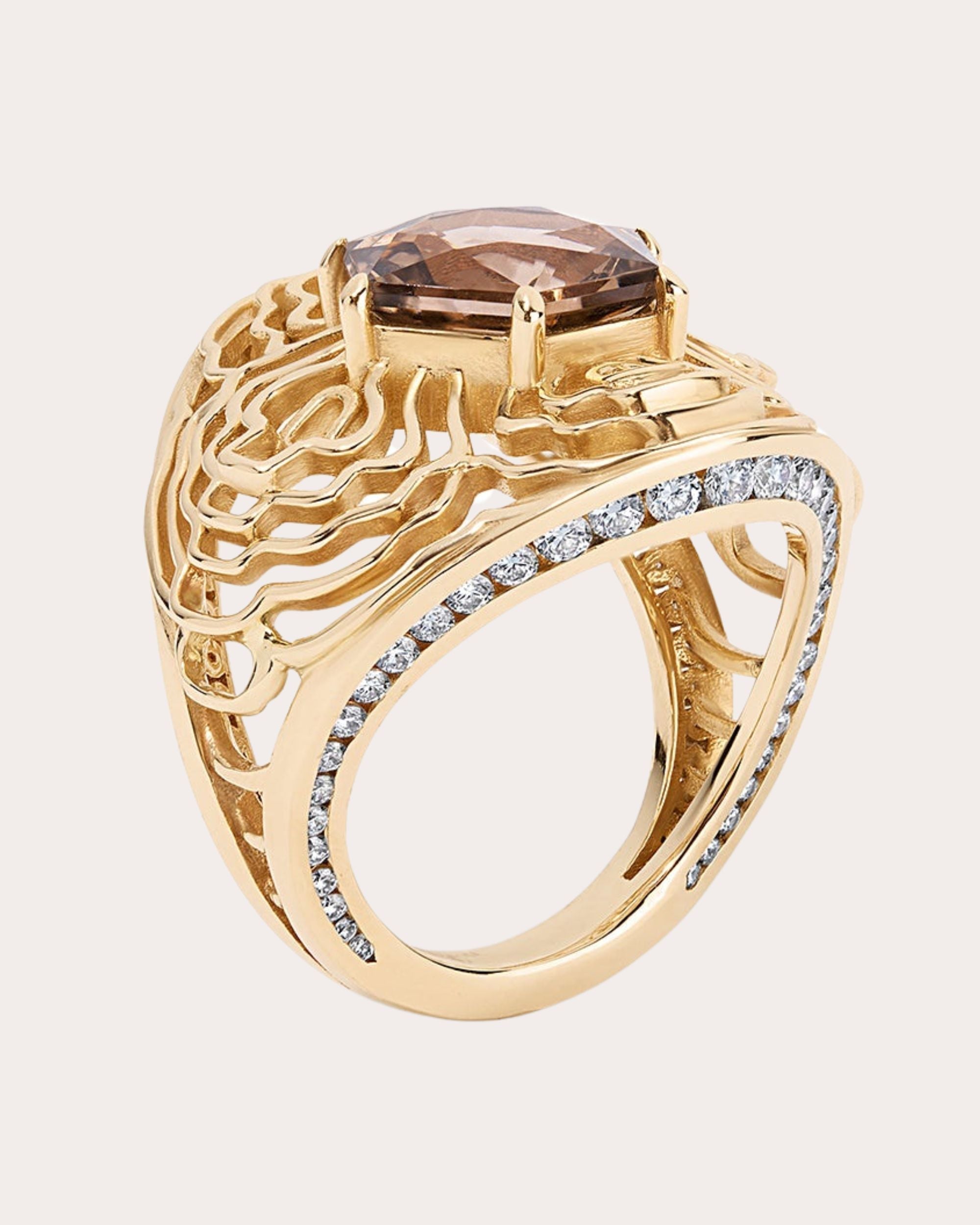 200Hz Frequency 14K Gold Smoky Quartz and Diamond Ring