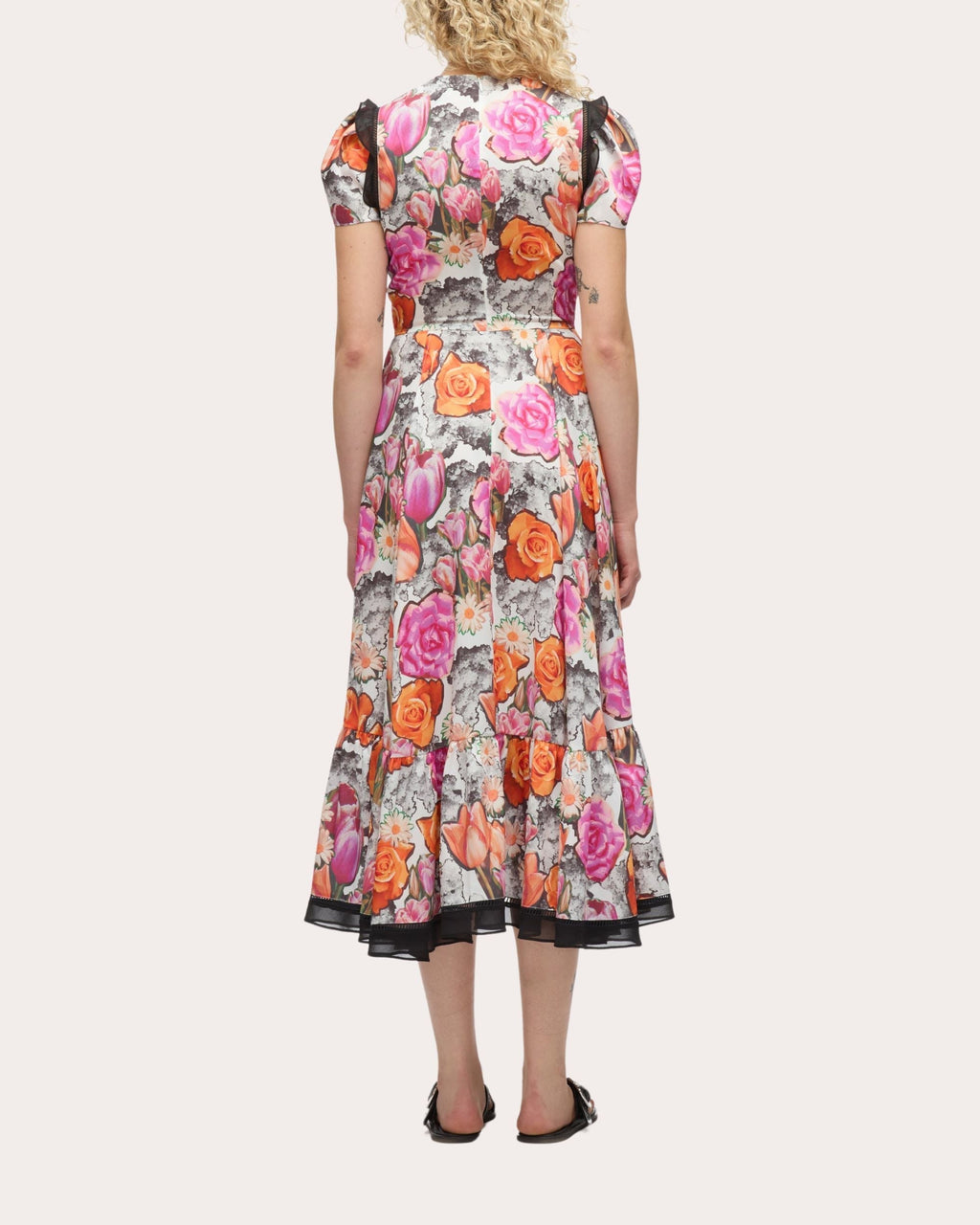 Gathered Floral-Print Satin Midi Dress