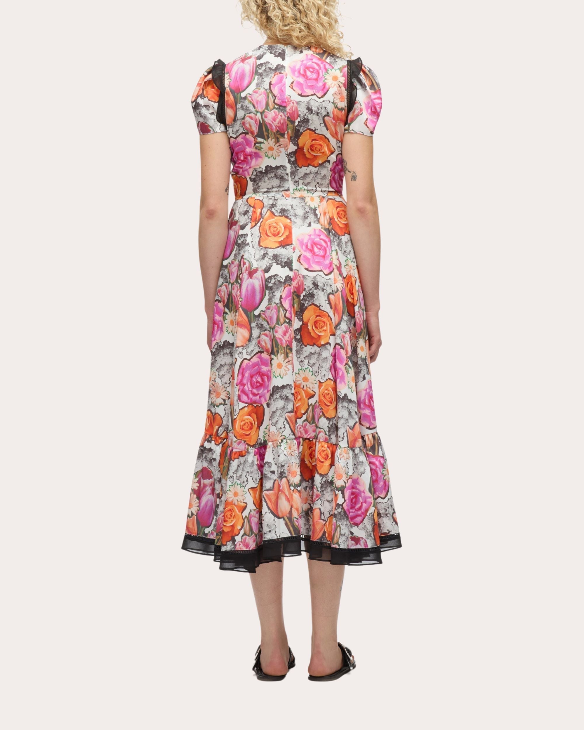 Gathered Floral-Print Satin Midi Dress