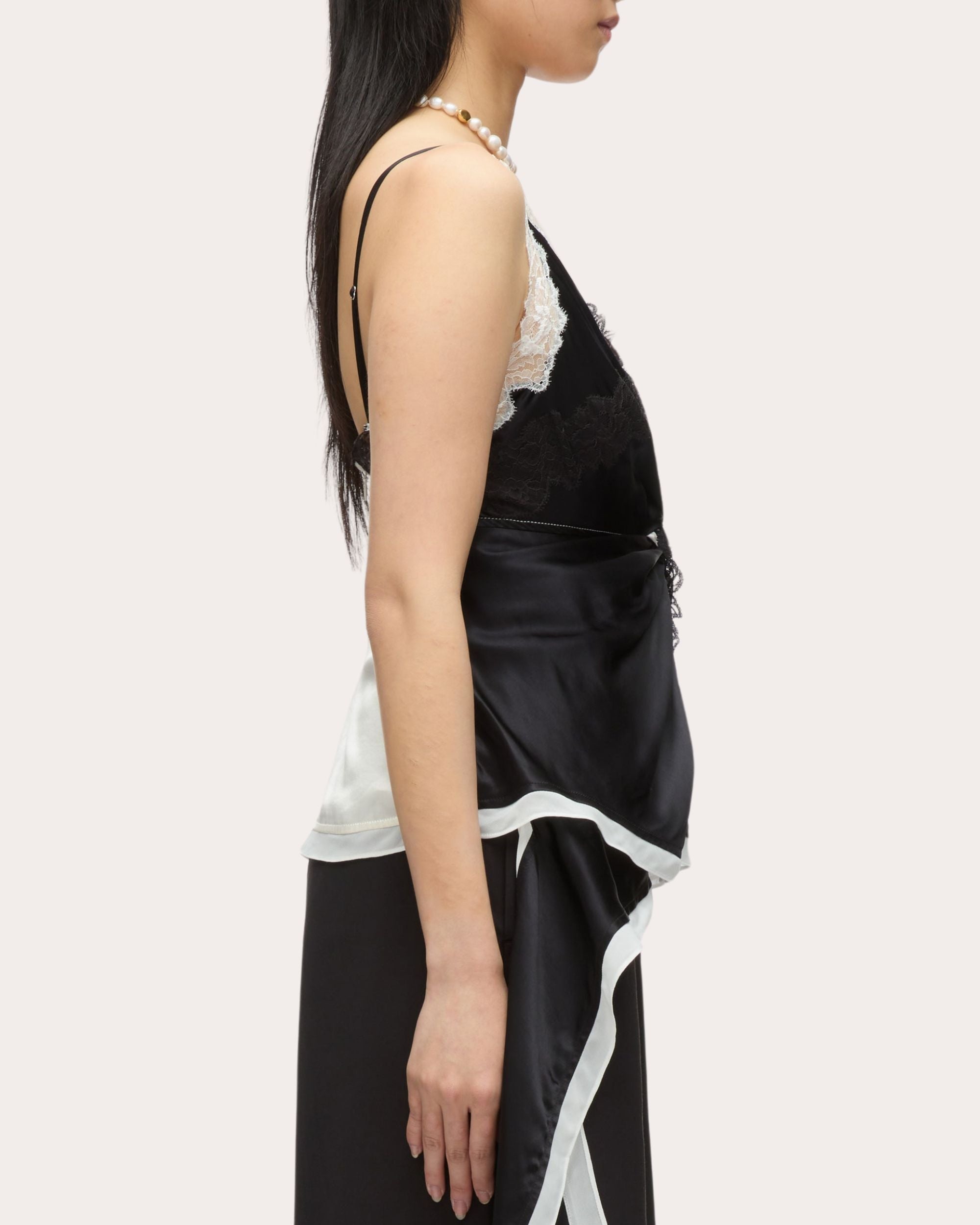 Asymmetric Lace Trimmed Twist-Front Satin Top