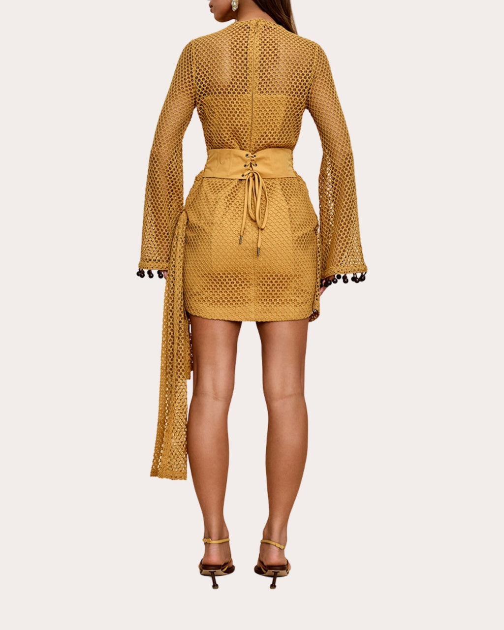 Egu Embellished Draped Crochet-Knit Mini Dress