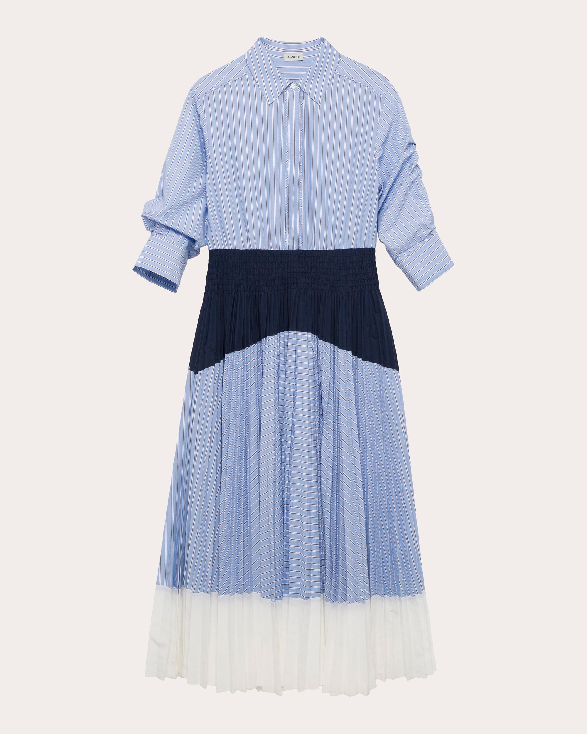 Jenella Stripe Pleated Cotton Poplin Midi Shirt Dress