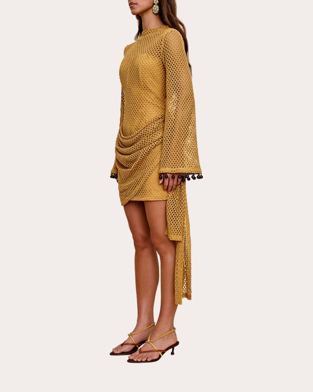 Egu Embellished Draped Crochet-Knit Mini Dress