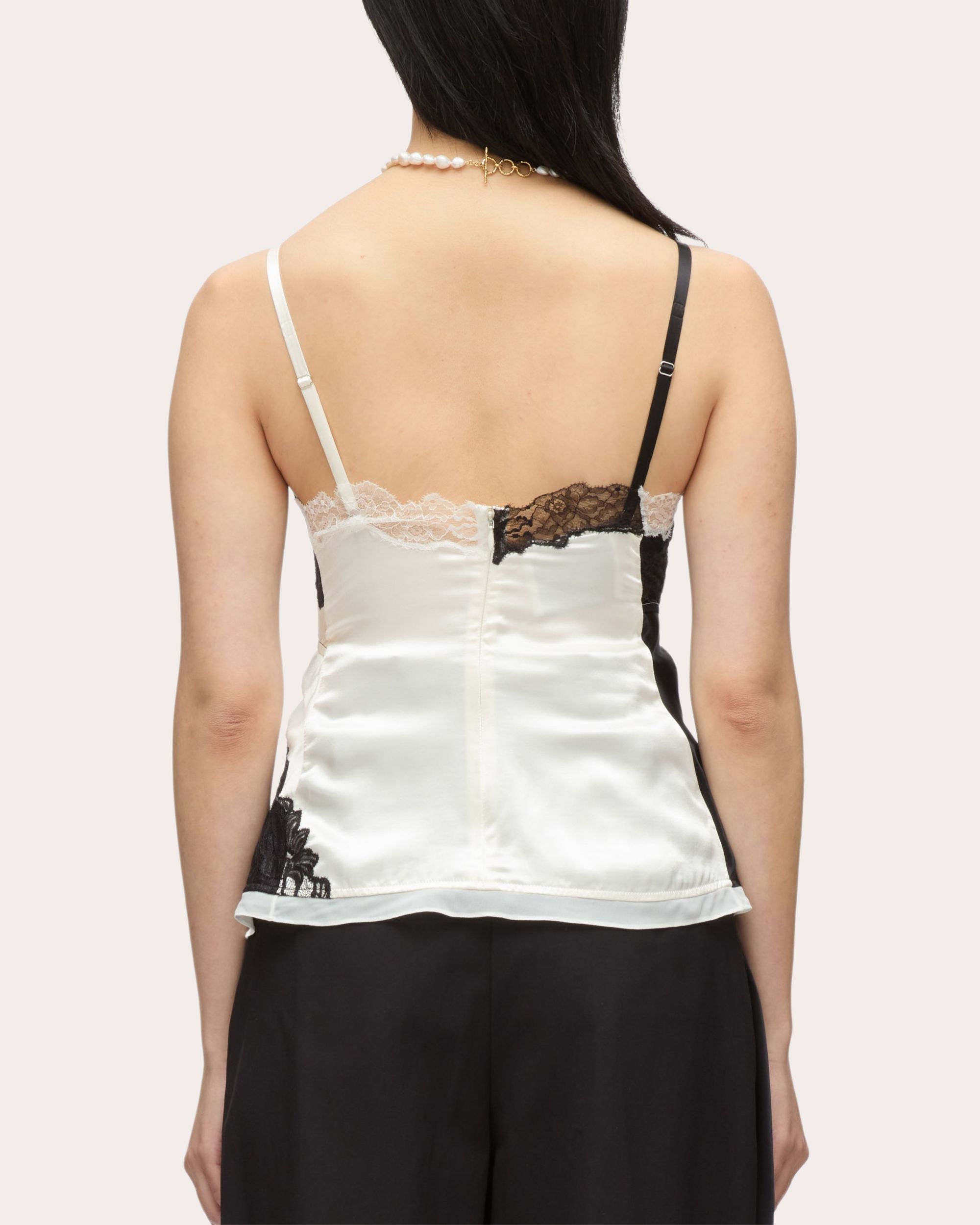 Asymmetric Lace Trimmed Twist-Front Satin Top