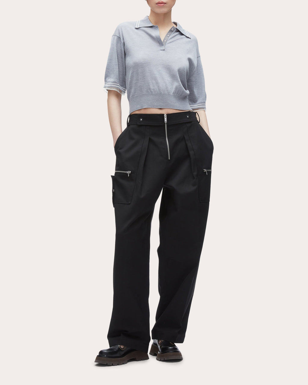 Cropped Organza-Trimmed Wool Polo Shirt
