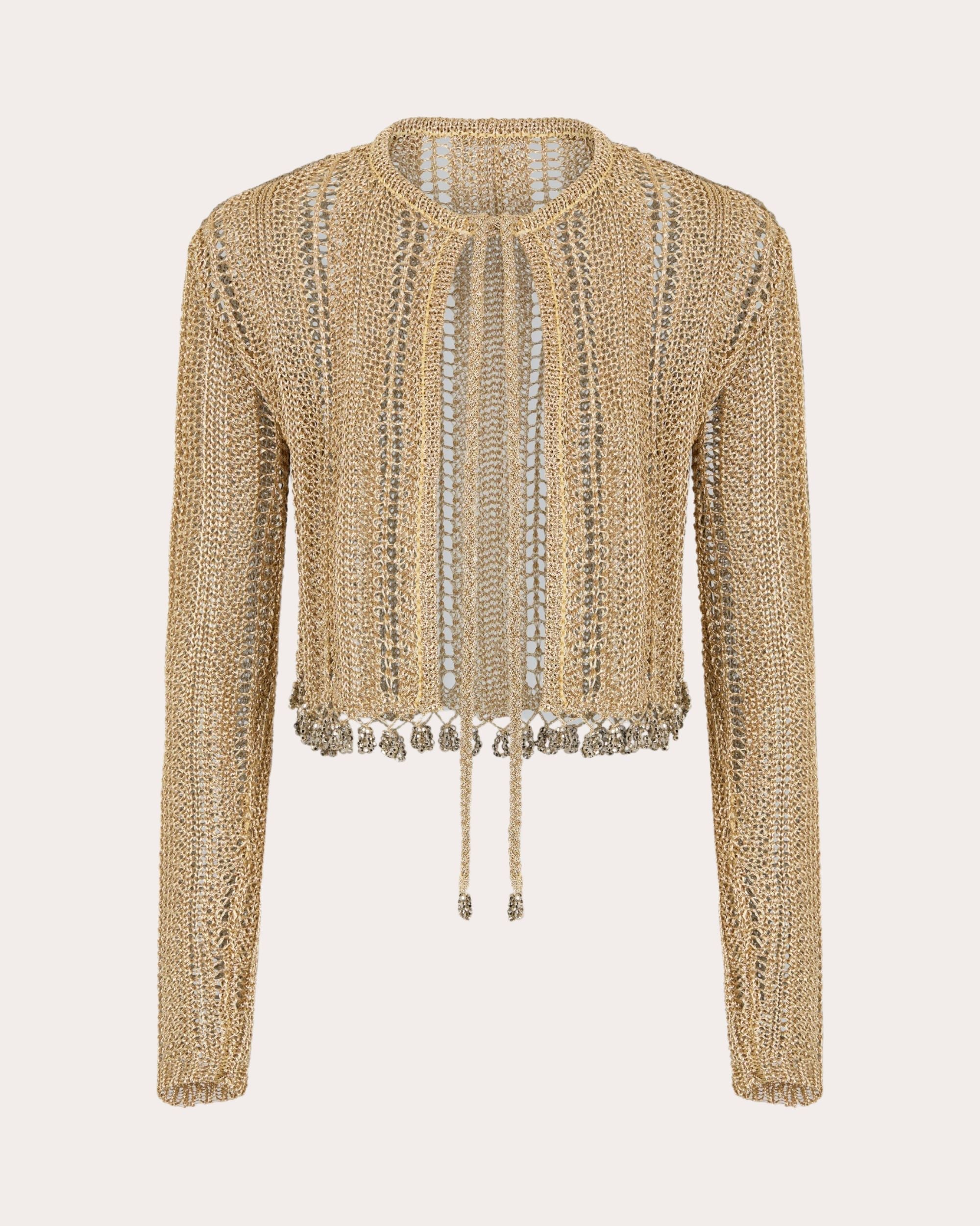 Metallic Crochet Tie-Front Cardigan