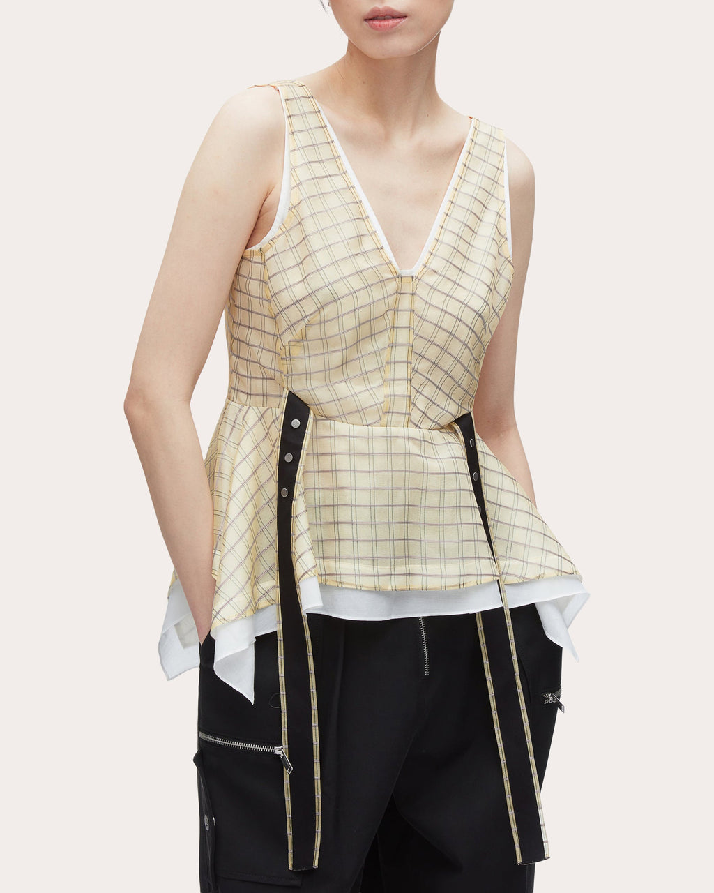 Plaid-Print Silk Organza Peplum Top