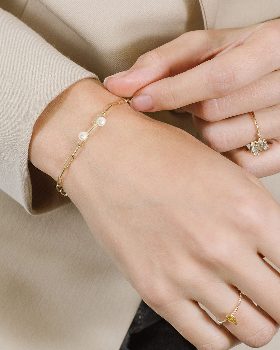 Dumbbell 14K Gold Pearl Chain Bracelet
