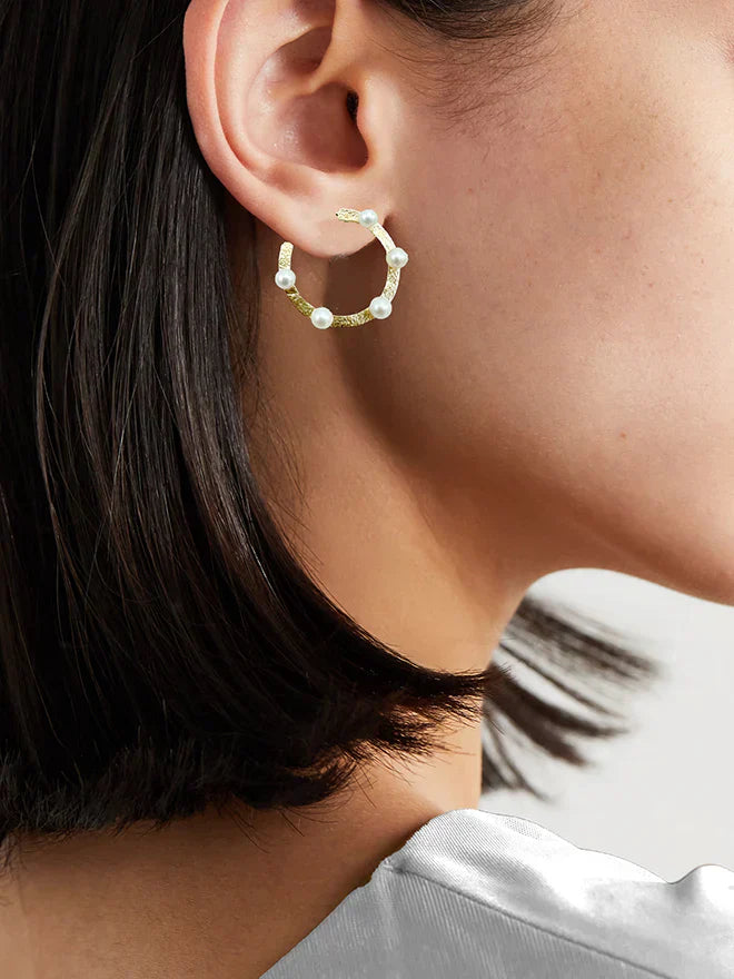 14K Gold Foil Pearl Hoop Earrings