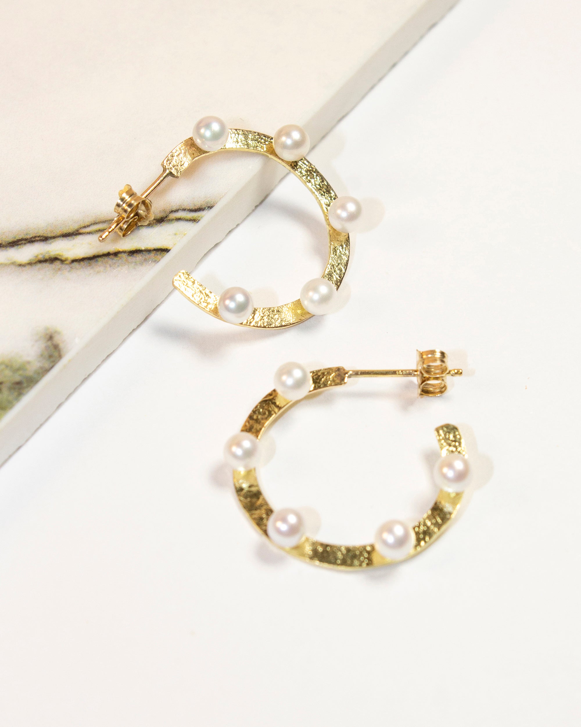 14K Gold Foil Pearl Hoop Earrings