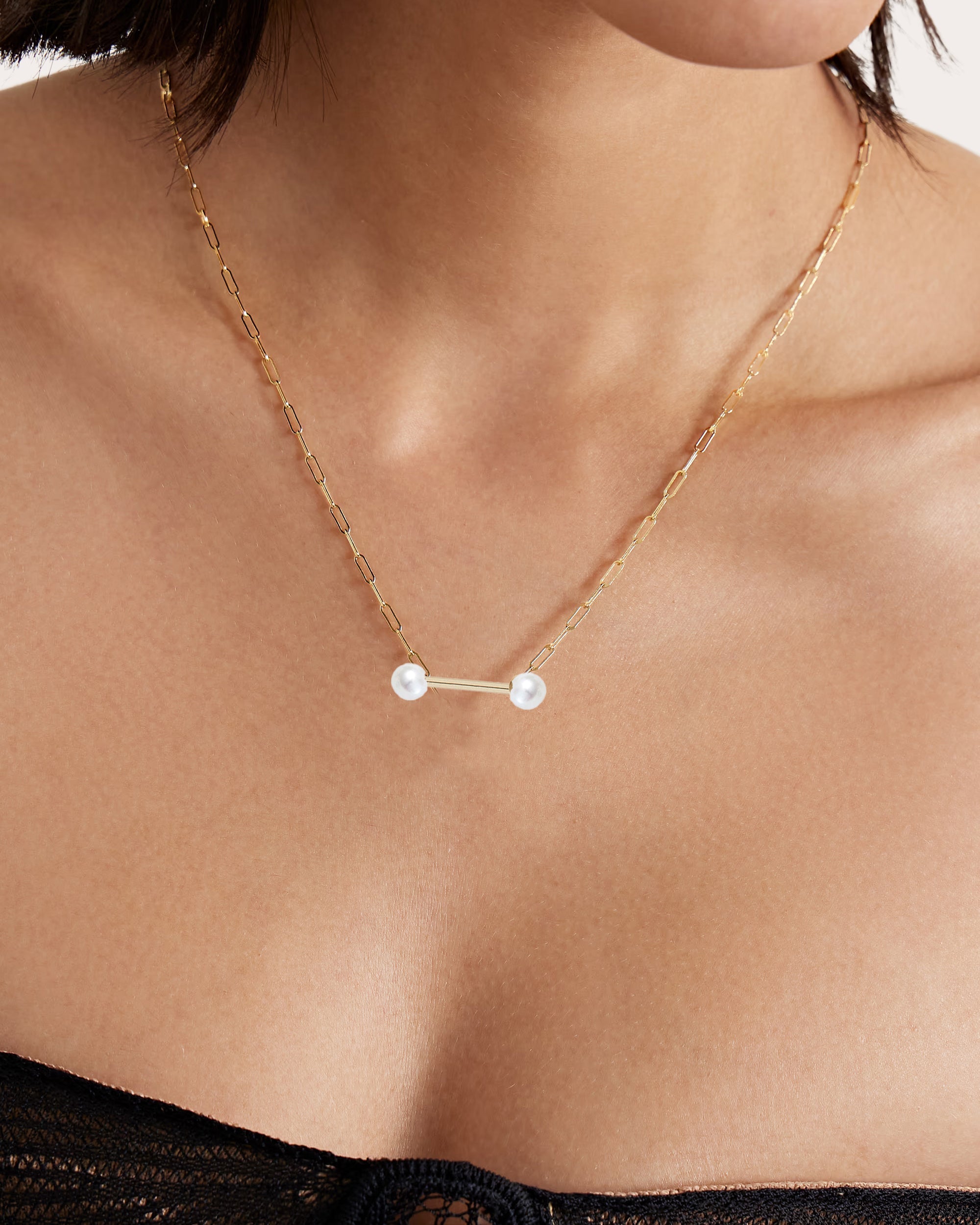 Dumbbell 14K Gold Pearl Chain Necklace