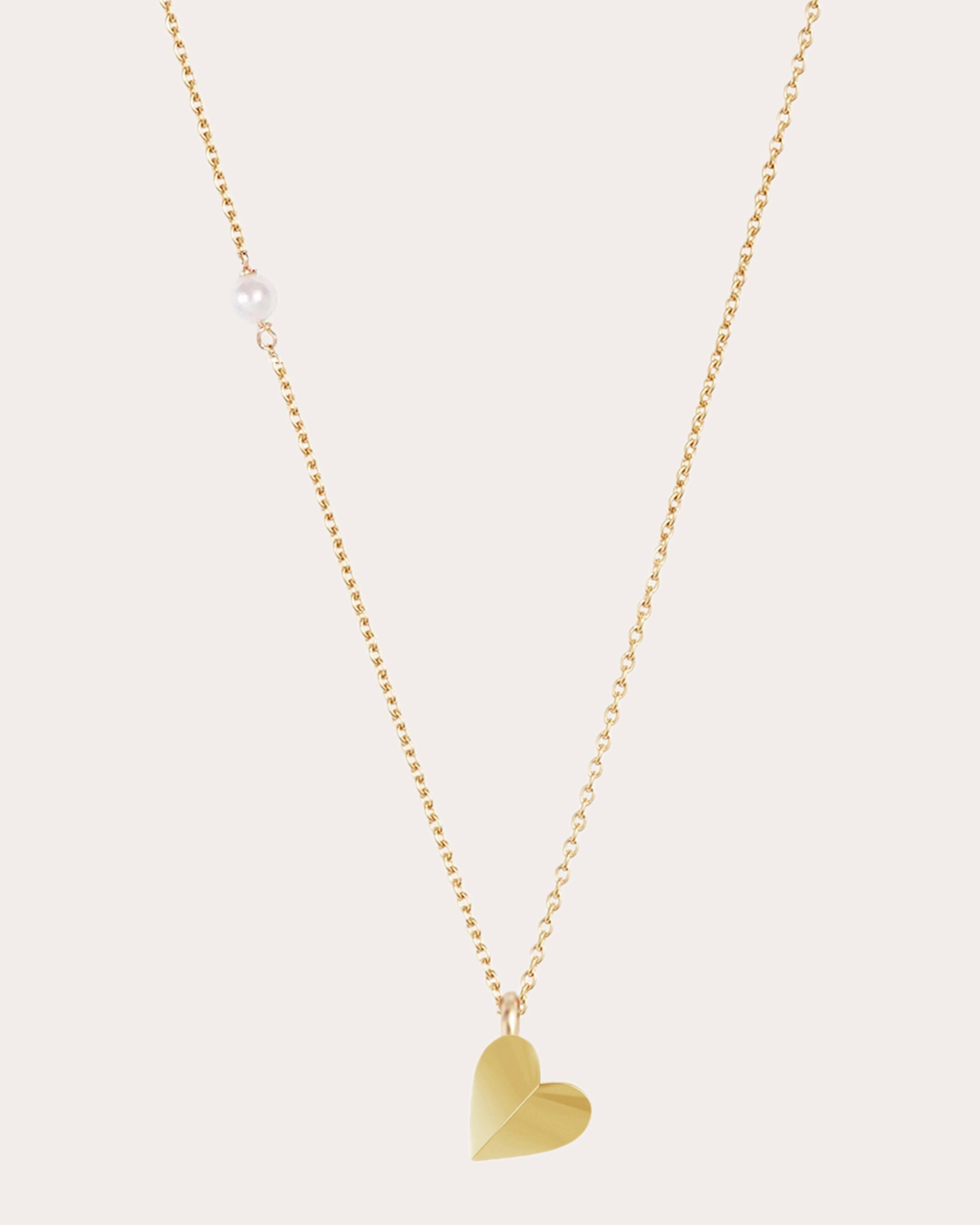 Folding Heart 14K Gold Pearl Pendant Necklace