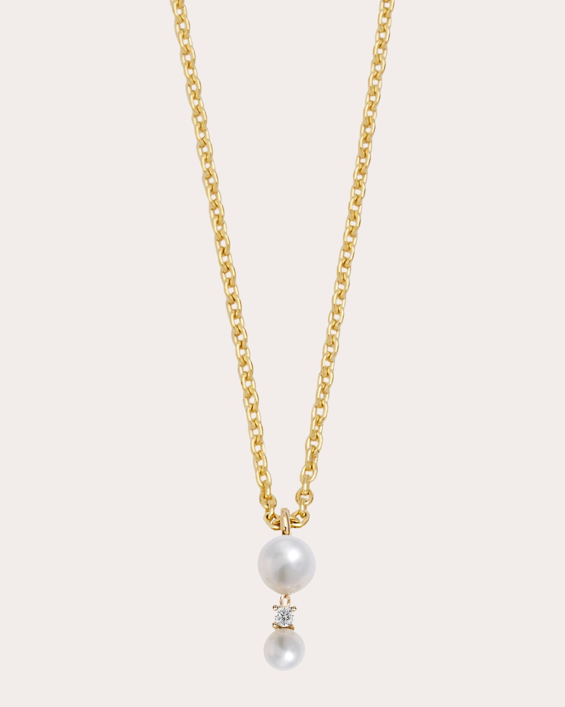 14K Gold Diamond and Double Pearl Necklace