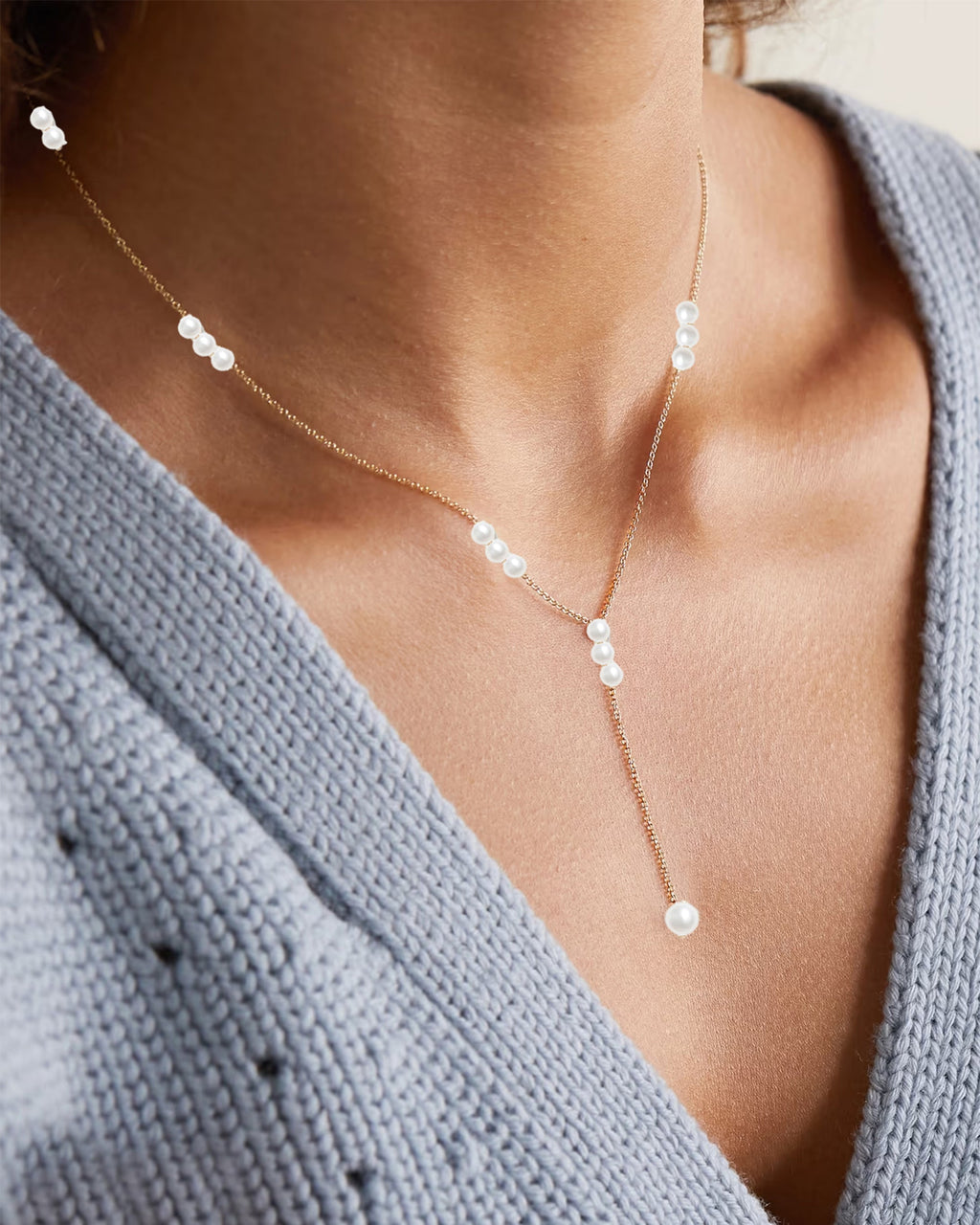 14K Gold Pearl Lariat Necklace