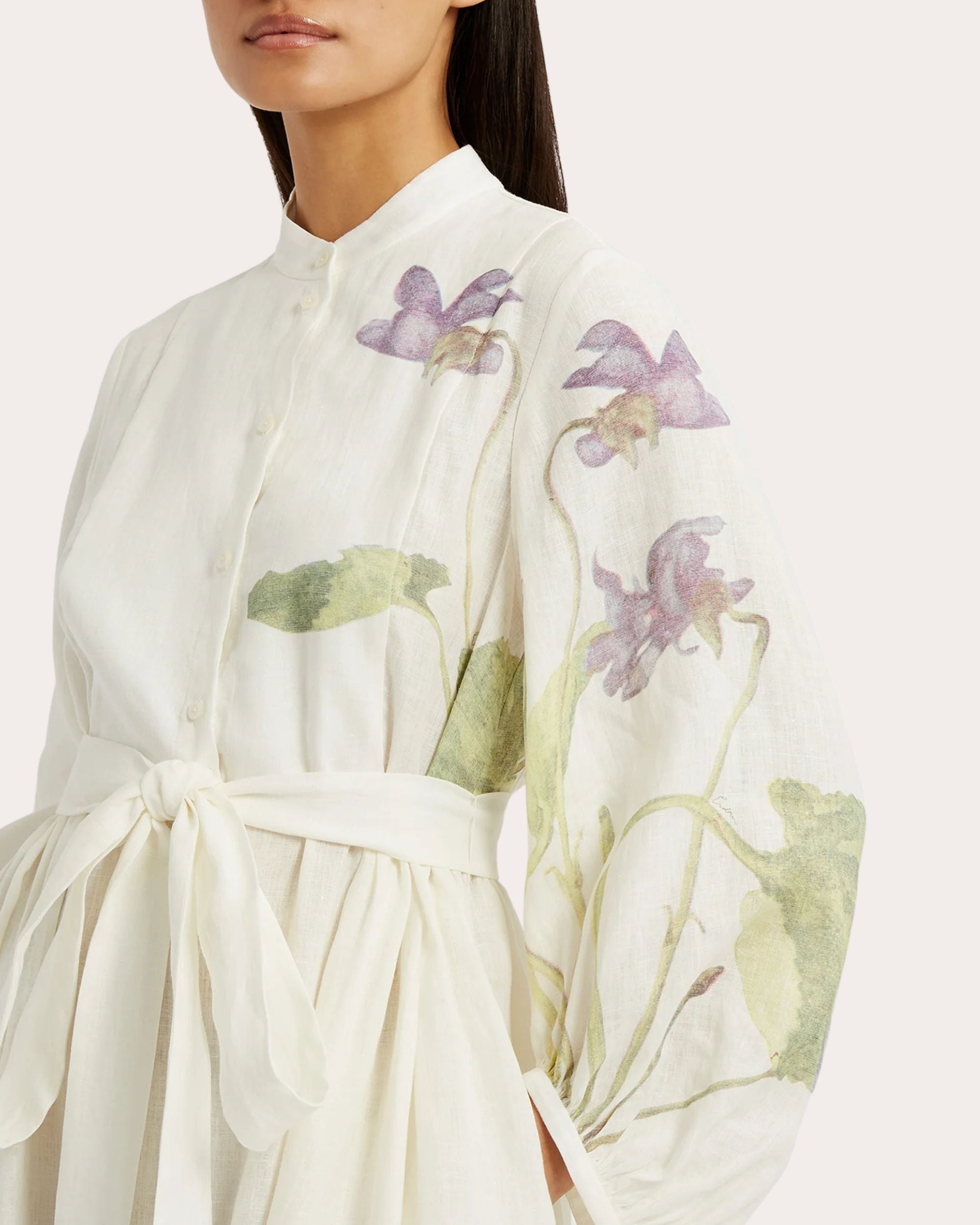Floral Print Side Tie Linen Midi Dress