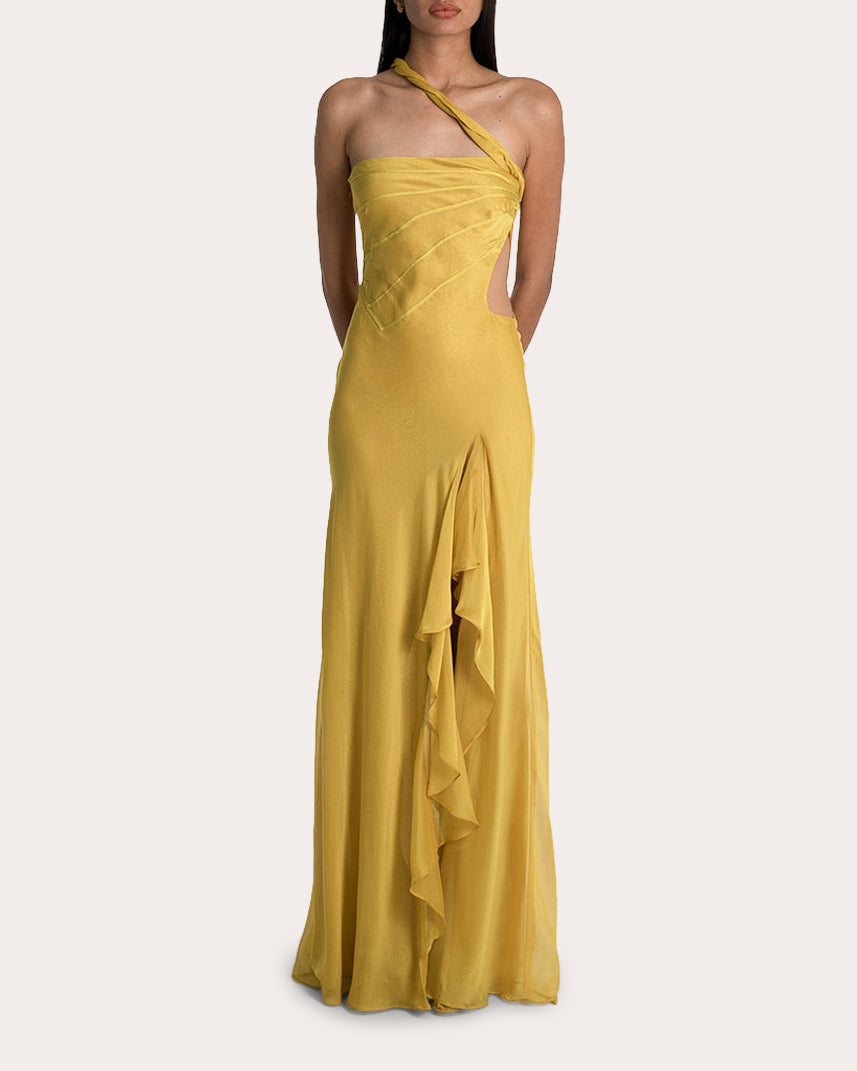 Hailey Ruffled Silk-Chiffon Cutout Gown