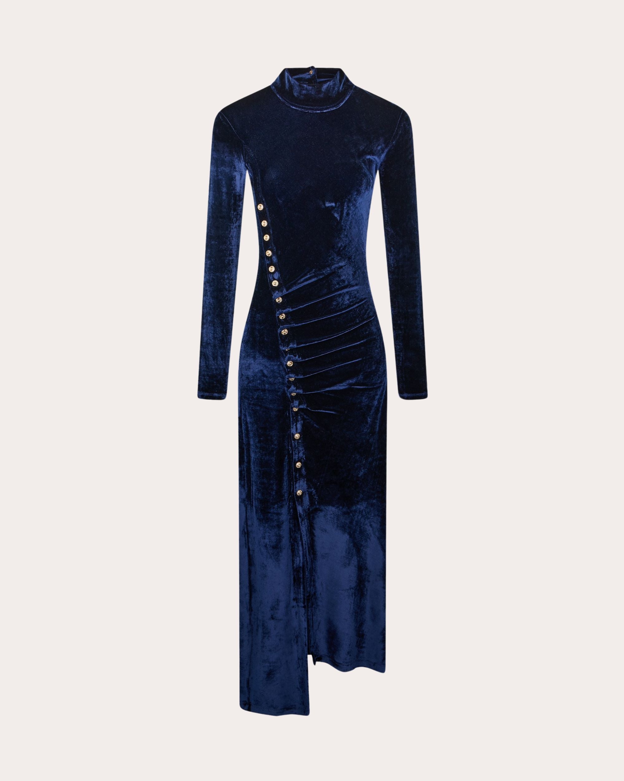 Embellished Asymmetric Ruched Velvet Midi Dress