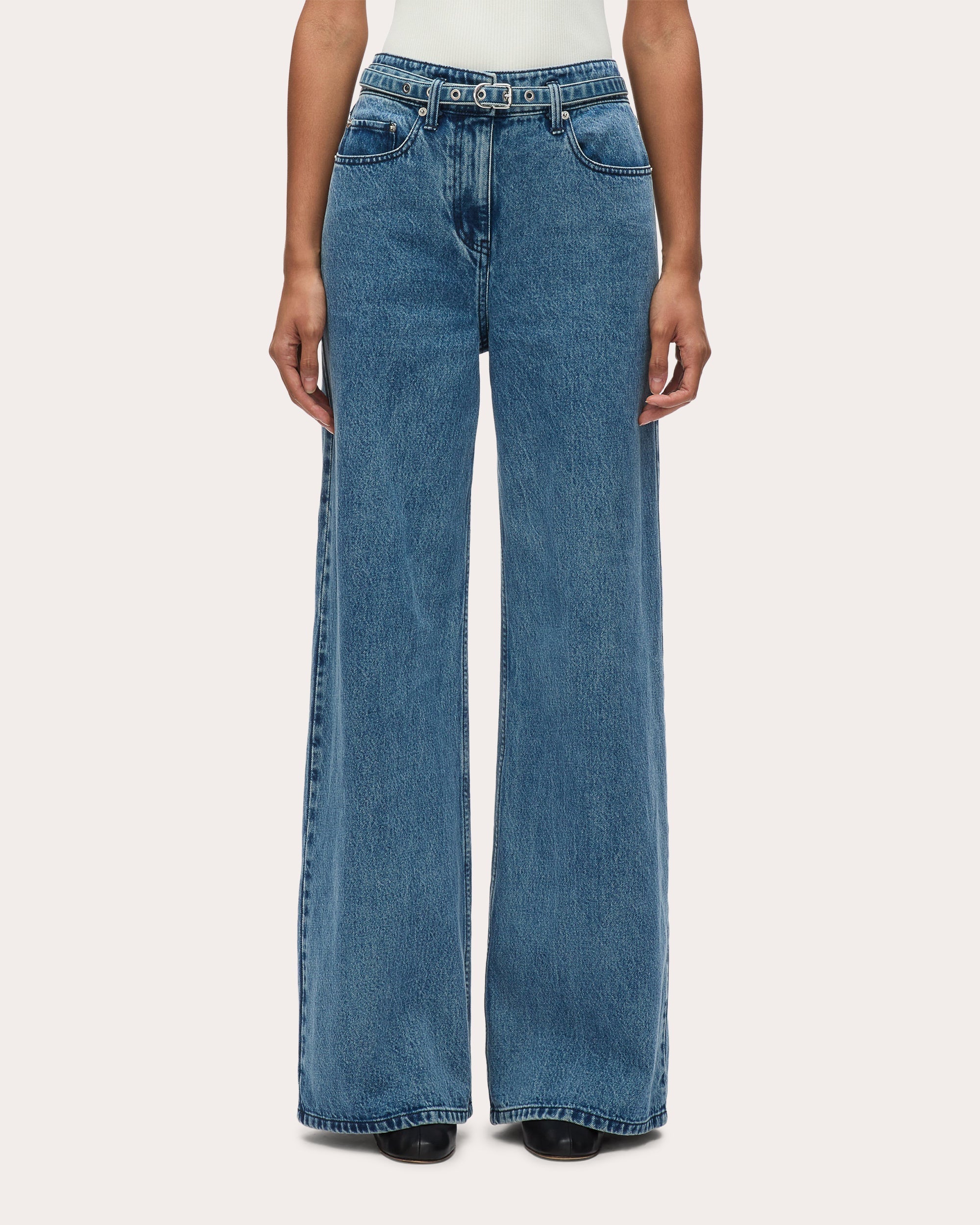 Belted Wide-Leg Denim Jeans