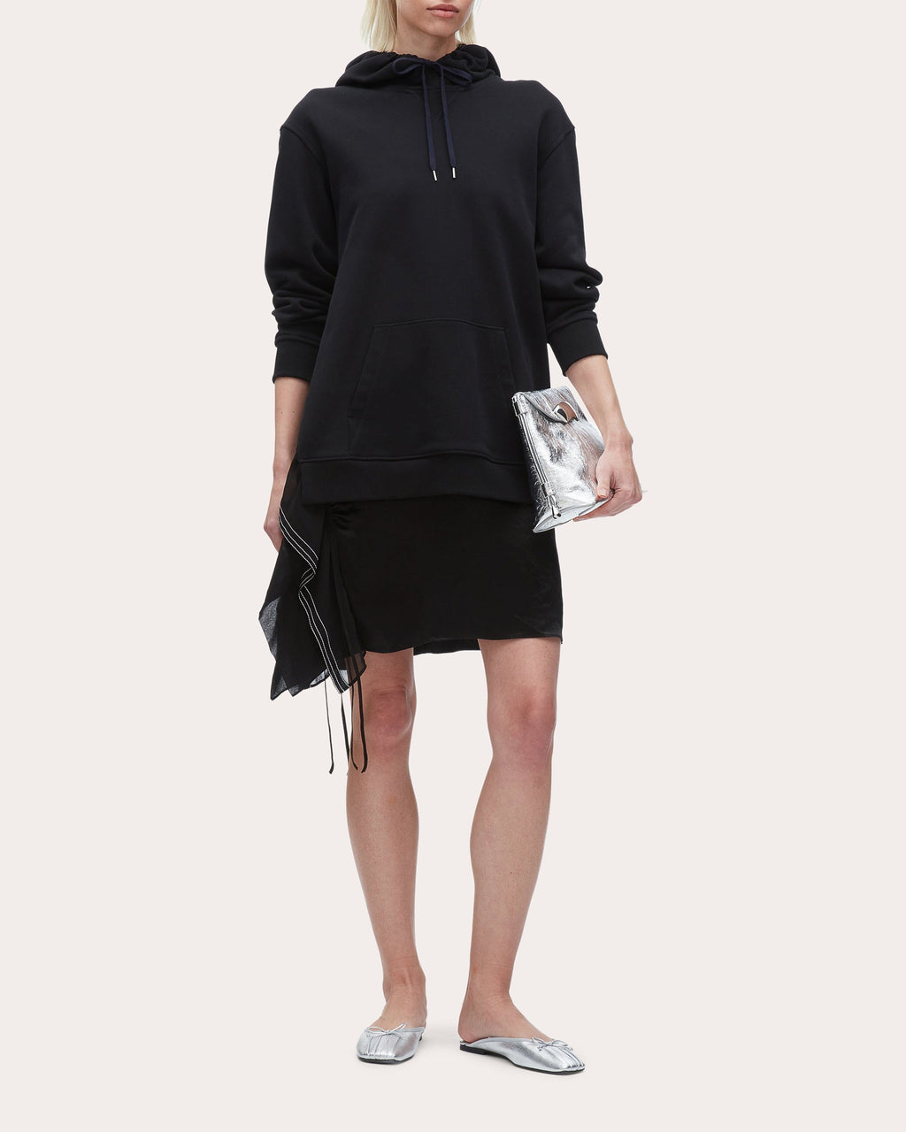 Hooded Layered Satin and Chiffon Trimmed Mini Dress