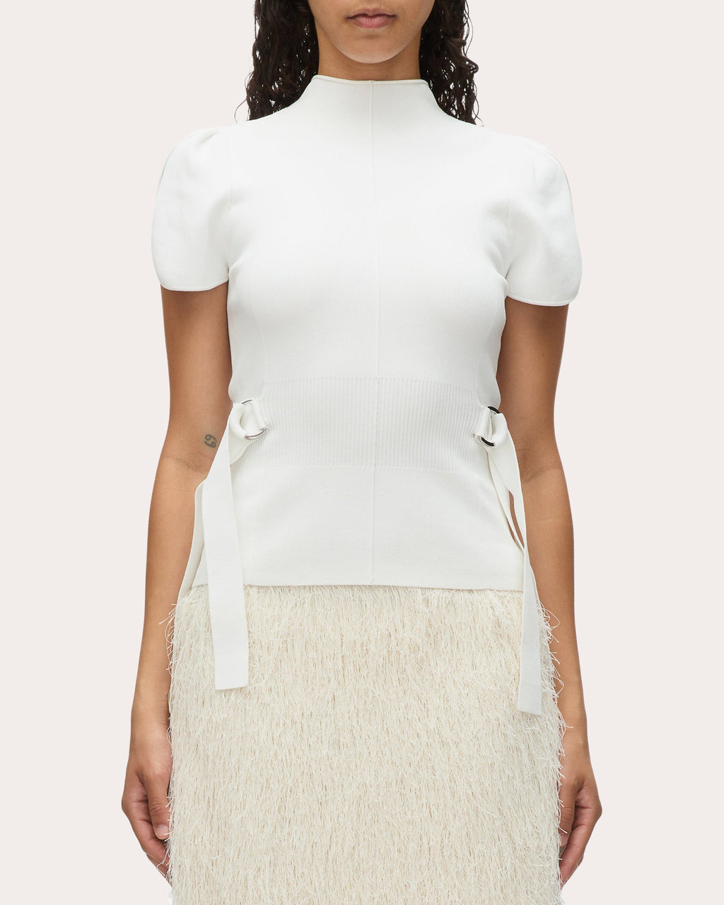 Compact Rib Knit Mock Neck Tulip-Sleeve Top