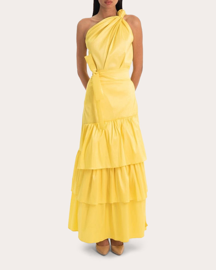 Yuli Asymmetric Taffeta Top and Tiered Maxi Skirt Set