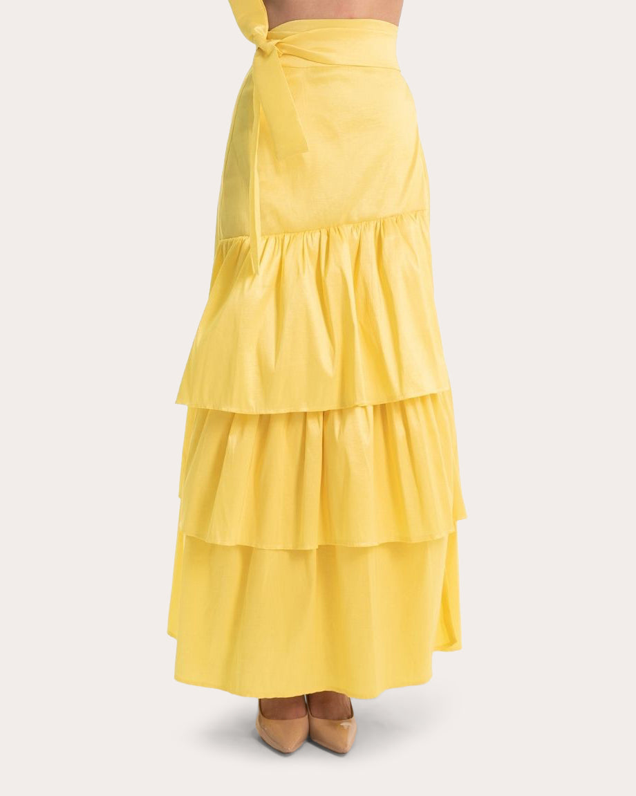 Yuli Asymmetric Taffeta Top and Tiered Maxi Skirt Set