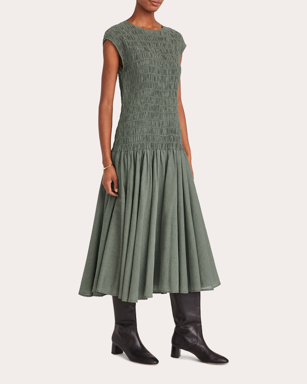 Stijl Smocked Chambray Drop-Waist Midi Dress